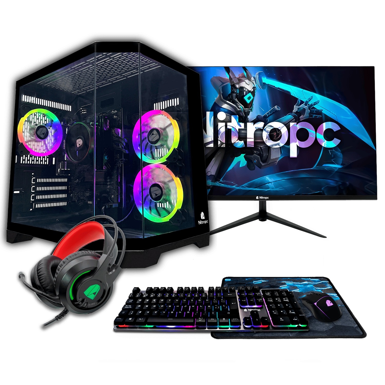 Sobremesa Gaming Nitropc Pack Avanzado AMD Ryzen 5 3400G, Radeon Graphics, 16 GB DDR4, 1TB M2, Win11 PRO, Accesorios + monitor 24" FHD 165Hz - Negro Negro-1