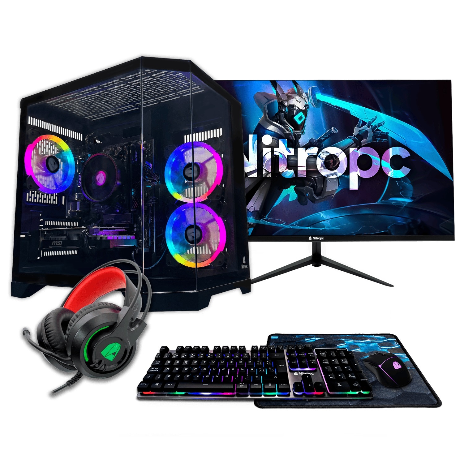 NitroPc - Sobremesa Gaming Nitropc Pack Avanzado Intel Core i5-14400F, RTX 5060 8GB, 16 GB DDR4, 1 TB M2, Win11 PRO, Accesorios + monitor 24' FHD 165Hz IPS.