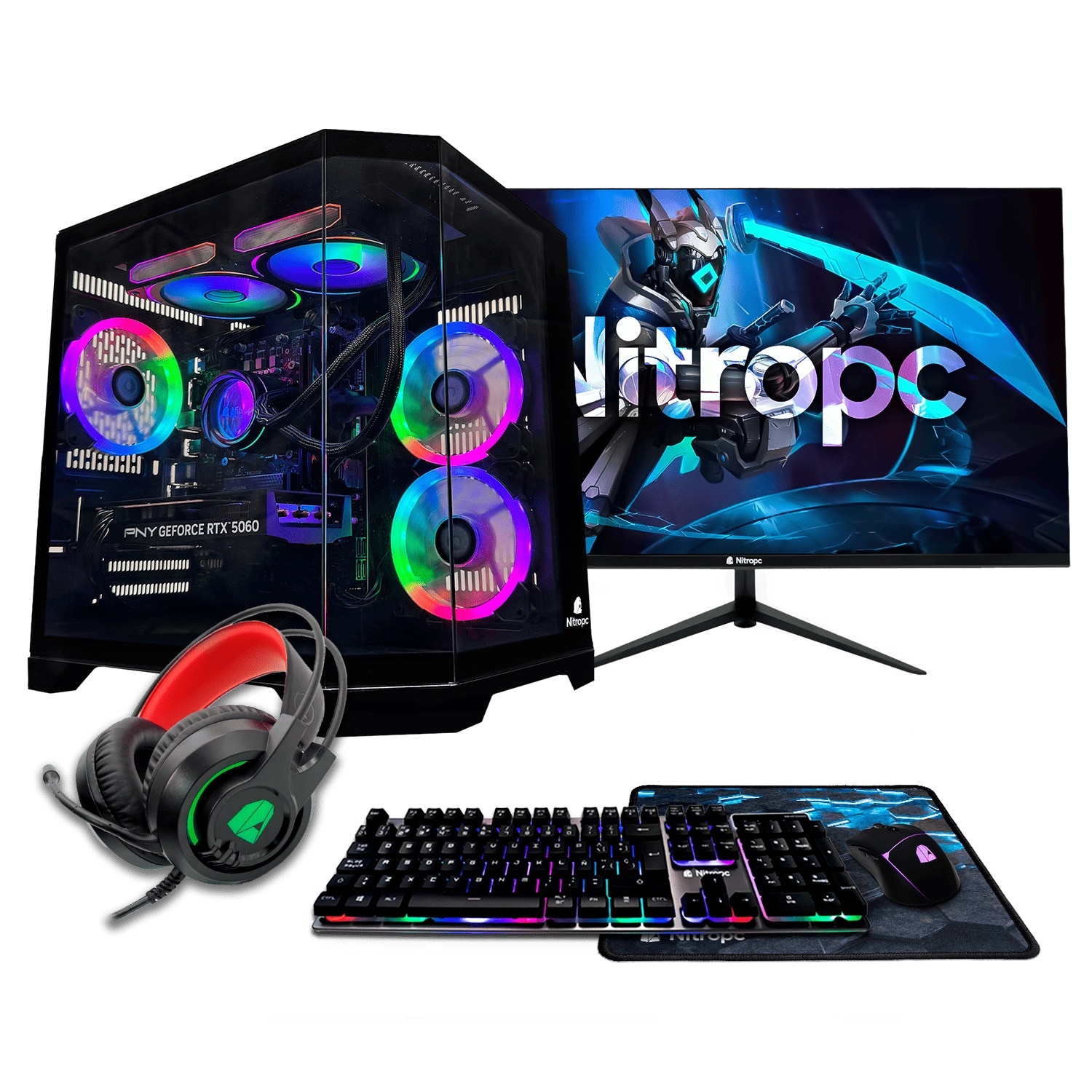 NitroPc - Sobremesa Gaming Nitropc Pack Avanzado AMD Ryzen 7 5800X, AMD Radeon RX 9060 XT 16 GB, 16GB DDR4, 1 TB M2, Win11 PRO, Accesorios + monitor 24' FHD 165Hz IPS.