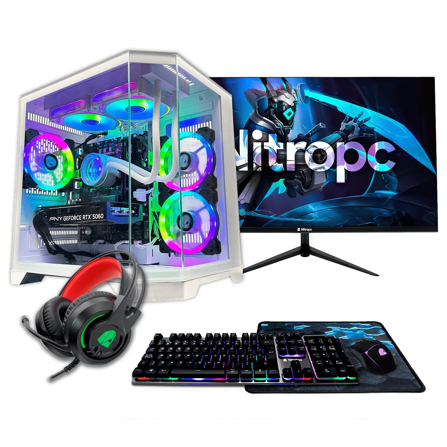 NitroPc - Sobremesa Gaming Nitropc Pack Avanzado AMD Ryzen 7 5800X, AMD Radeon RX 9060 XT 16 GB, 16GB DDR4, 1 TB M2, Win11 PRO, Accesorios + monitor 2.