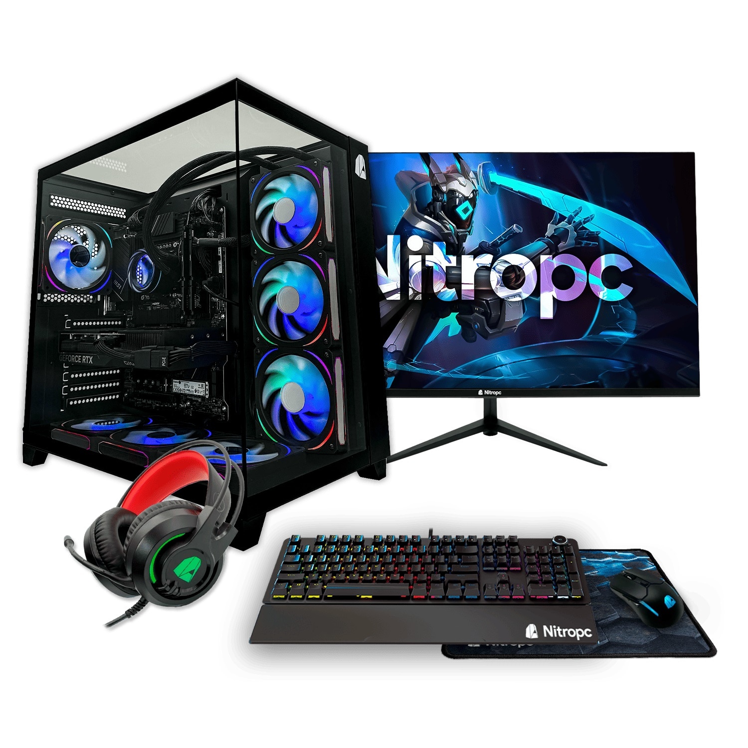 NitroPc - Sobremesa Gaming Nitropc Pack Extremo Intel Core i5-14400F, RTX 5060 8GB, 32 GB DDR4, 1TB M2, Win11 PRO, Accesorios + monitor 24' FHD 165Hz IPS.