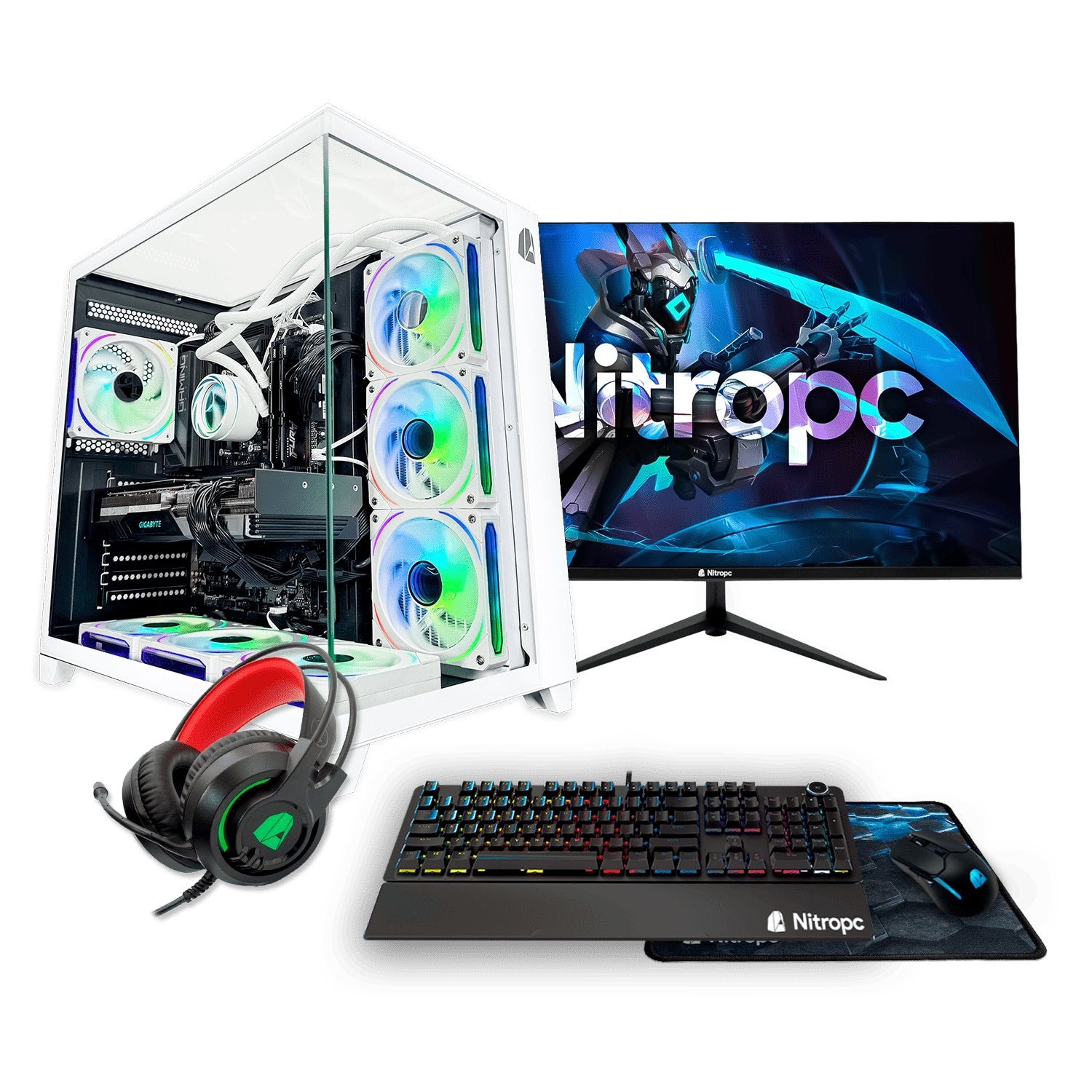 NitroPc - Sobremesa Gaming Nitropc Pack Extremo Intel Core i5-14400F, RTX 5060 8GB, 32 GB DDR4, 1TB M2, Win11 PRO, Accesorios + monitor 24" FHD 1.
