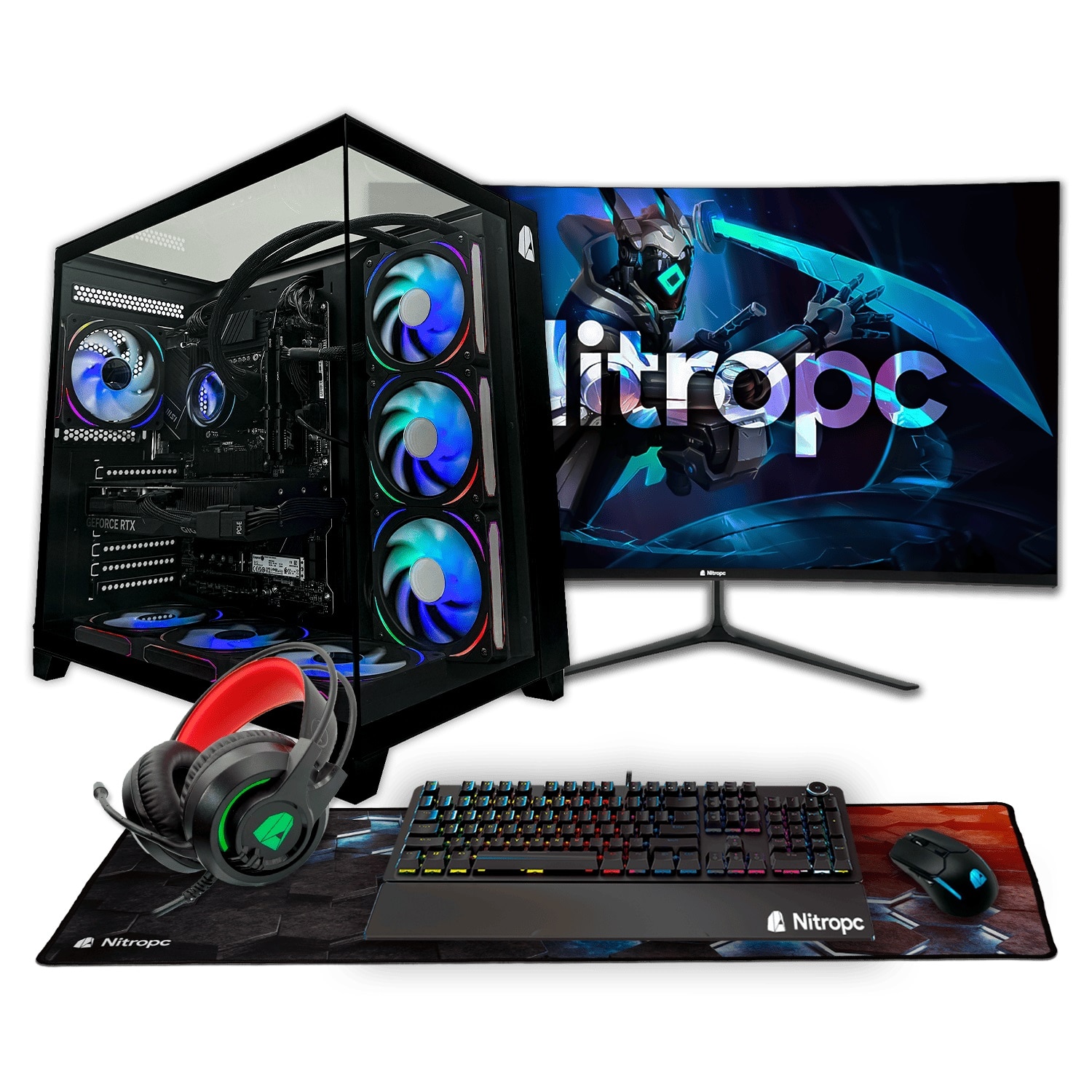NitroPc - Sobremesa Gaming Nitropc Pack Extremo AMD Ryzen 7 5800X, RTX 5060 8GB, 32 GB DDR4, 1TB M2, Win11 PRO, Accesorios + monitor 27" QHD 180H.