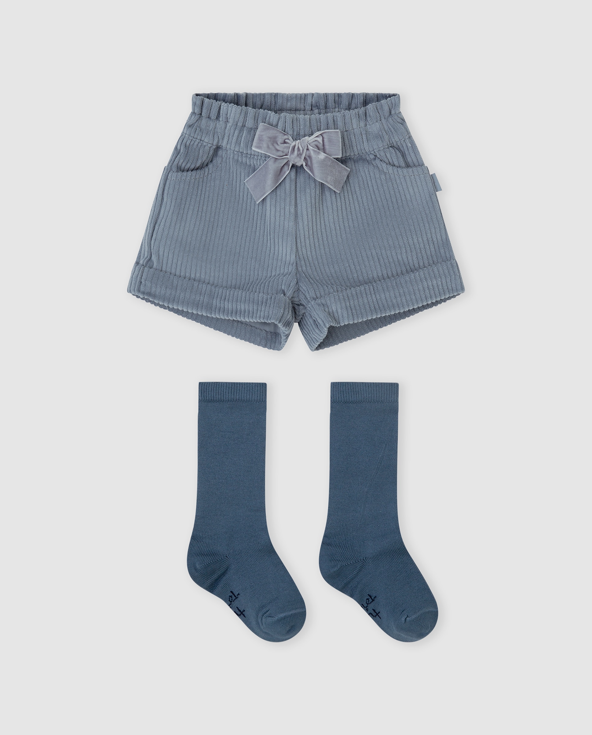 Short de niña de algodón con lazo y calcetines - Tutto Piccolo - Azul Azul-1