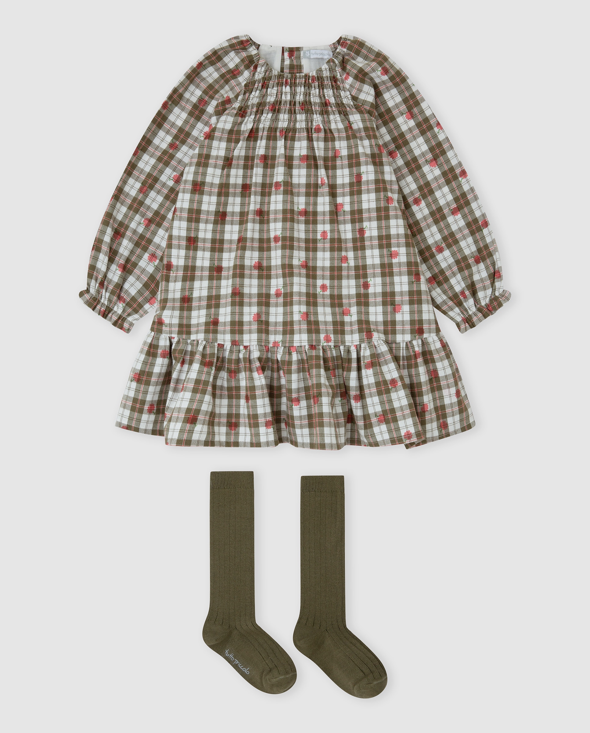 Vestido de niña a cuadros con calcetines - Tutto Piccolo - Kaki Kaki-1