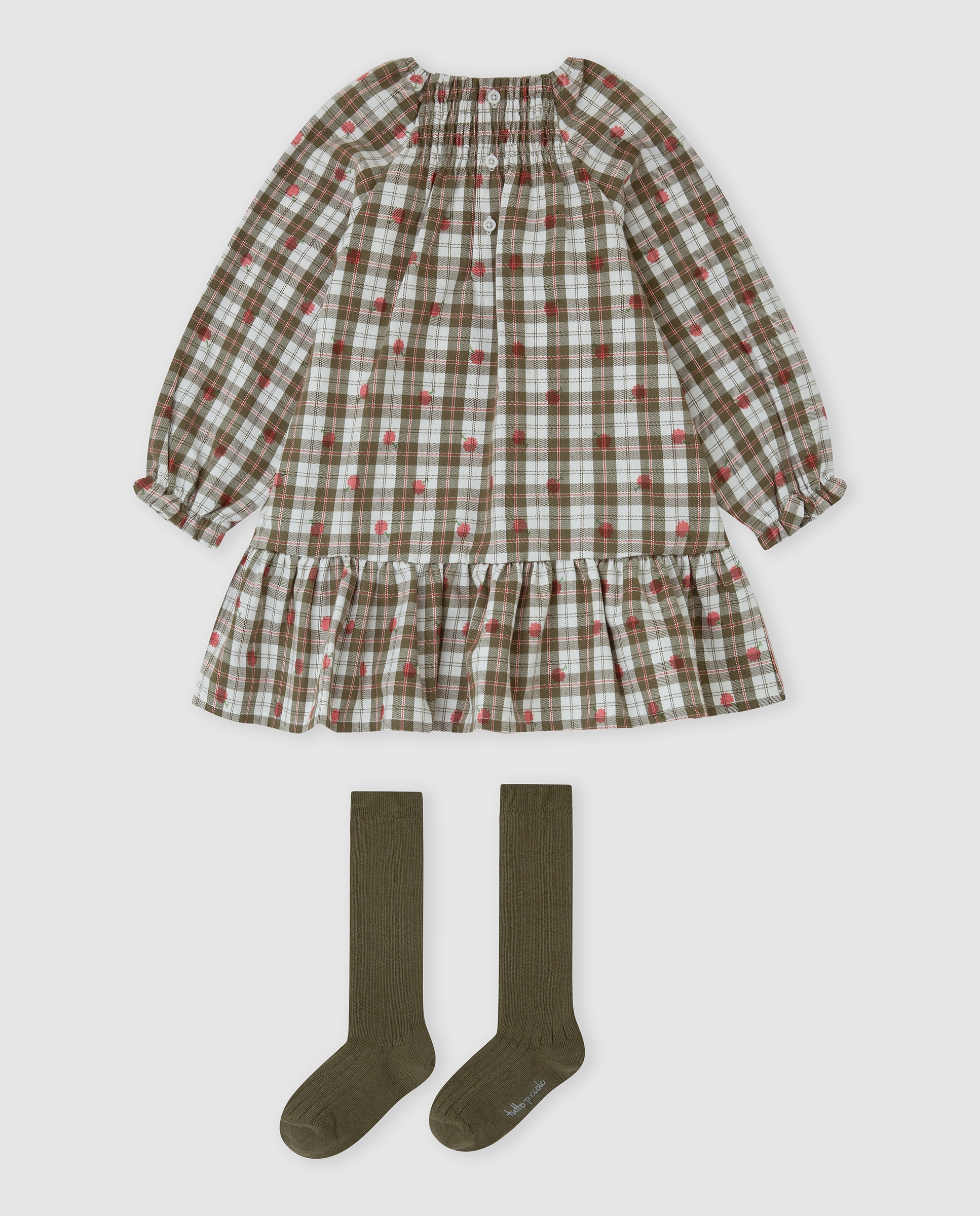 Vestido de niña a cuadros con calcetines - Tutto Piccolo - Kaki Kaki-3