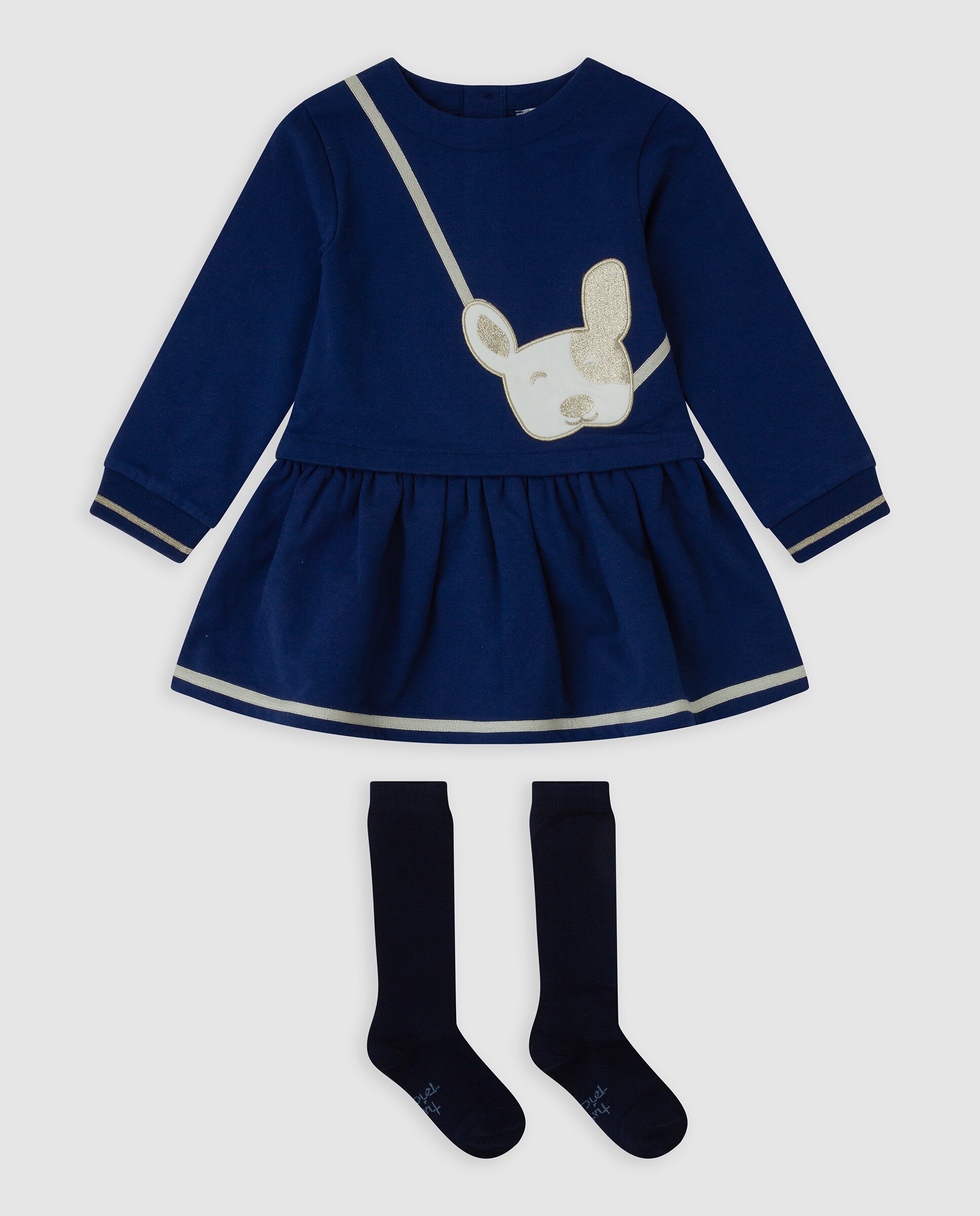 Vestido de niña con perro estampado y calcetines - Tutto Piccolo - Azul marino Azul marino-1