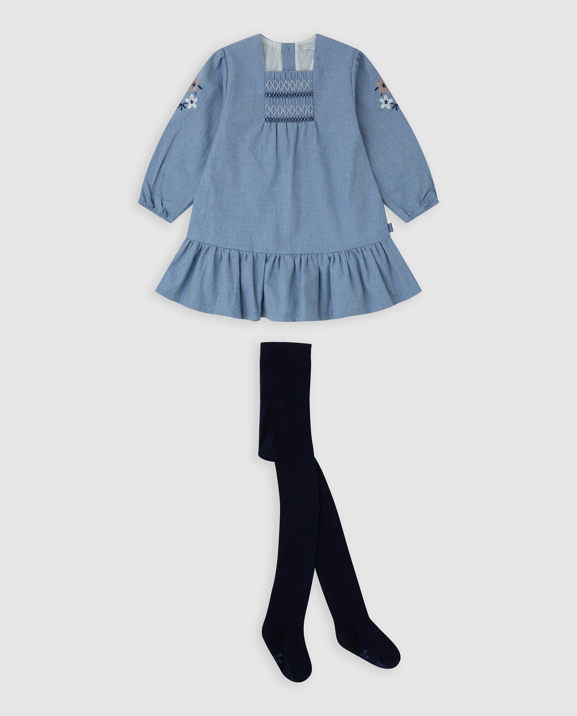 Vestido de niña con flores y leotardos - Tutto Piccolo - Azul claro Azul claro-1
