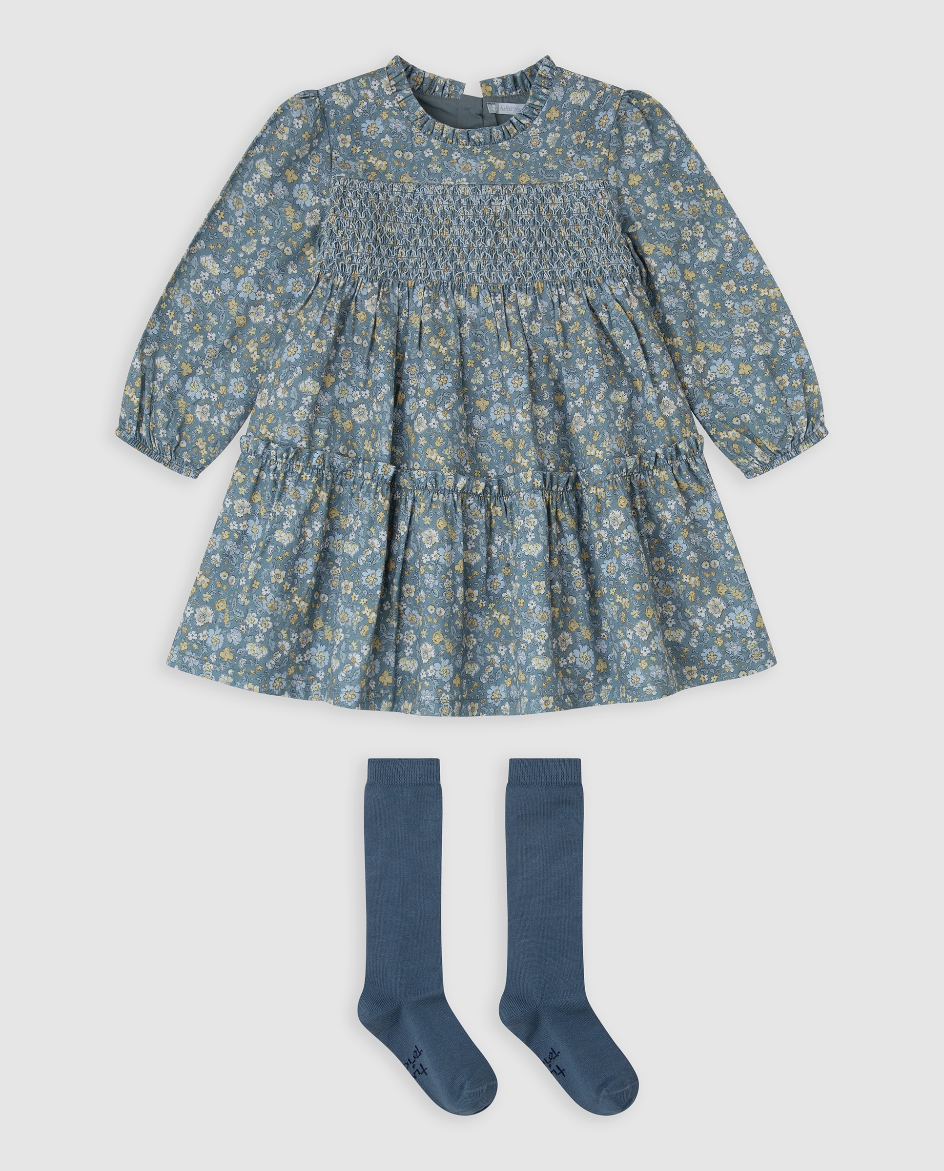 Vestido de niña de flores con calcetines - Tutto Piccolo - Azul Azul-1