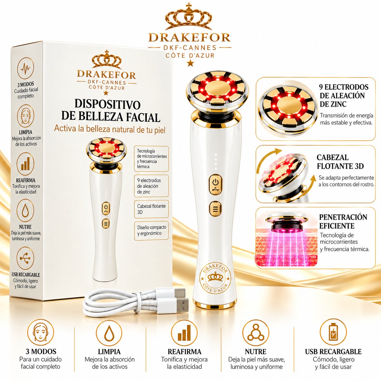 Imagen 2 de Dispositivo Facial de Microcorrientes profesional 3D Drakefor Cannes Côte d’Azur - Blanco Blanco