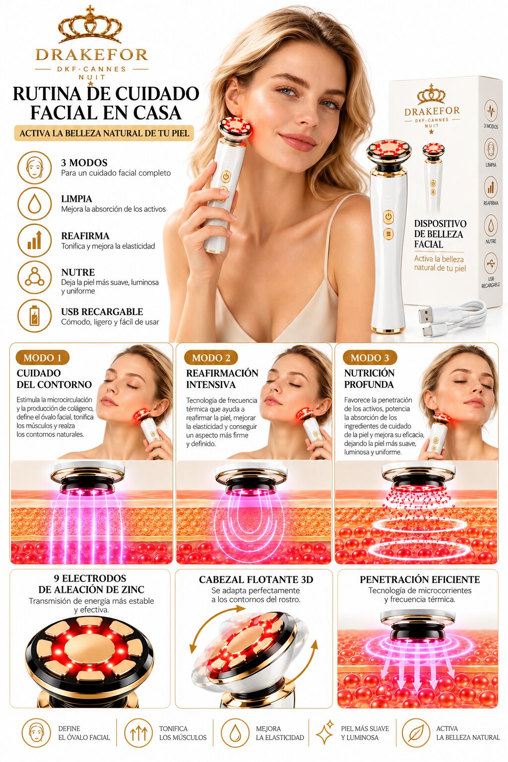 Imagen 3 de Dispositivo Facial de Microcorrientes profesional 3D Drakefor Cannes Côte d’Azur - Blanco Blanco