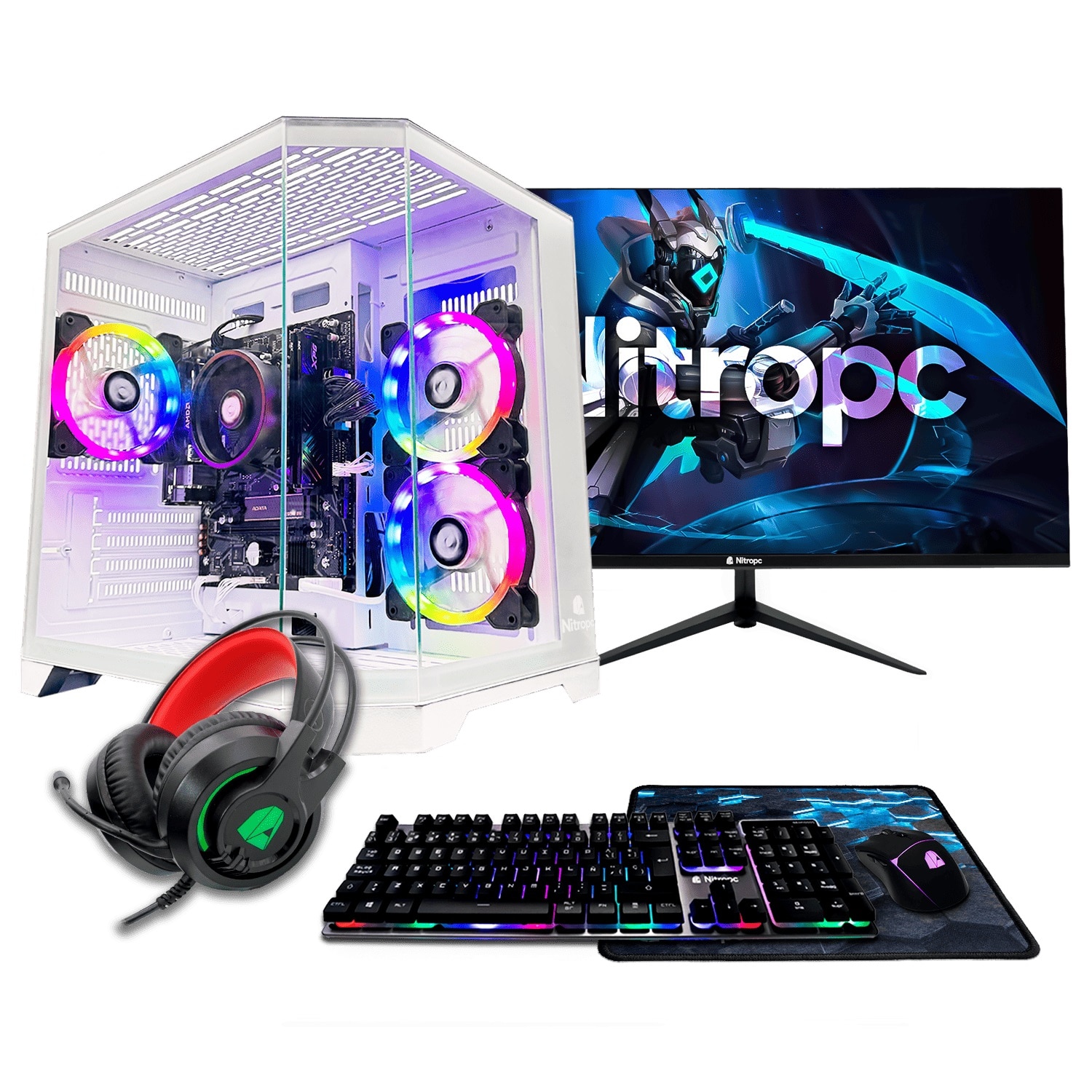 NitroPc - Sobremesa Gaming Nitropc Pack Avanzado AMD Ryzen 5 3400G, Radeon Graphics, 16 GB DDR4, 1TB M2, Win11 PRO, Accesorios + monitor 24" FHD.