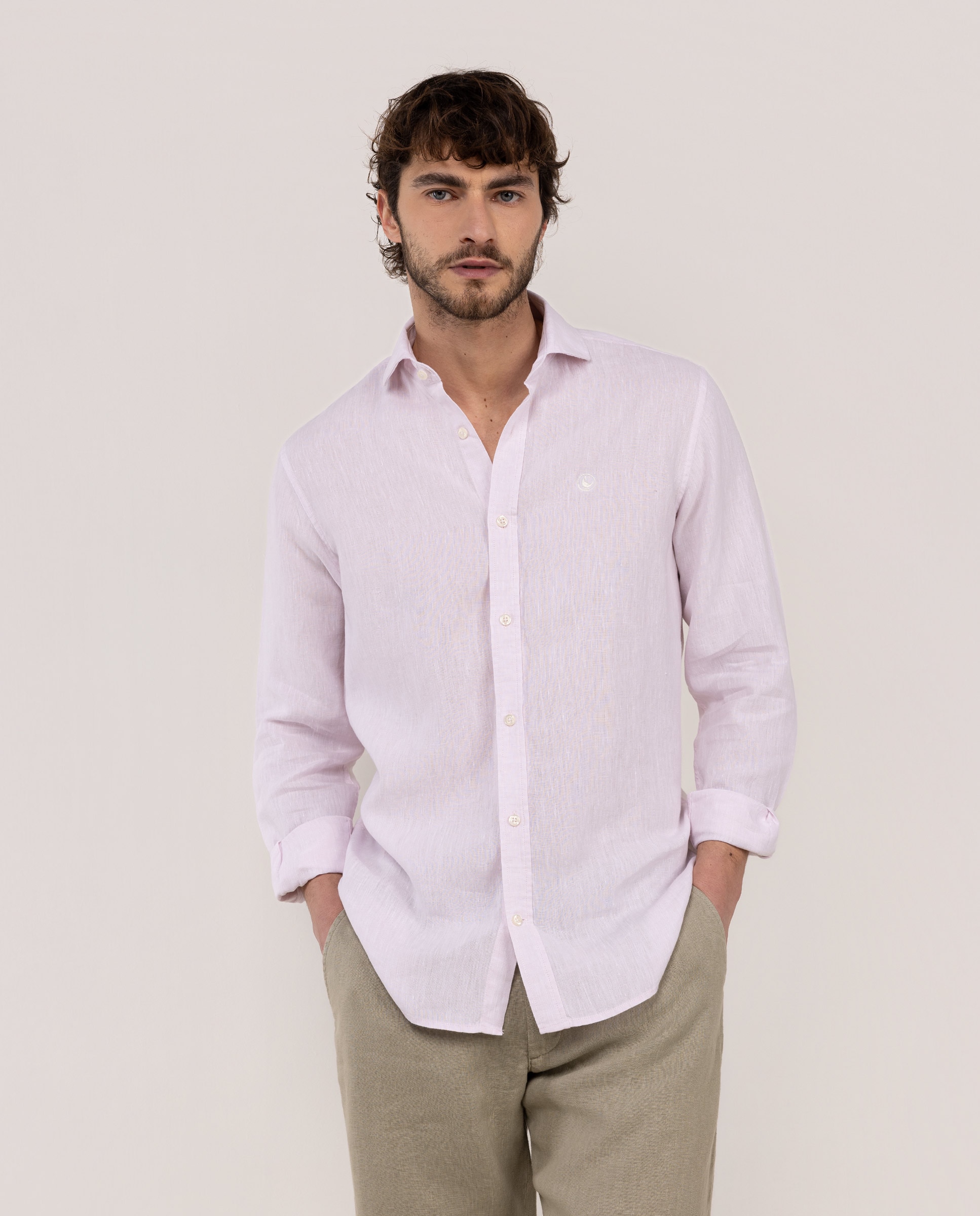 Imagen 0 de Camisa de lino de hombre cuello italiano Rosa
