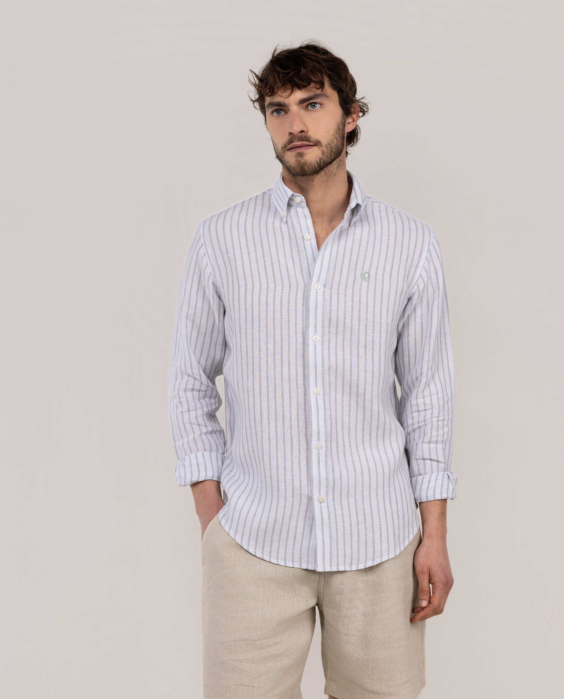 Imagen 0 de Camisa de hombre de lino chambray de rayas Azul celeste