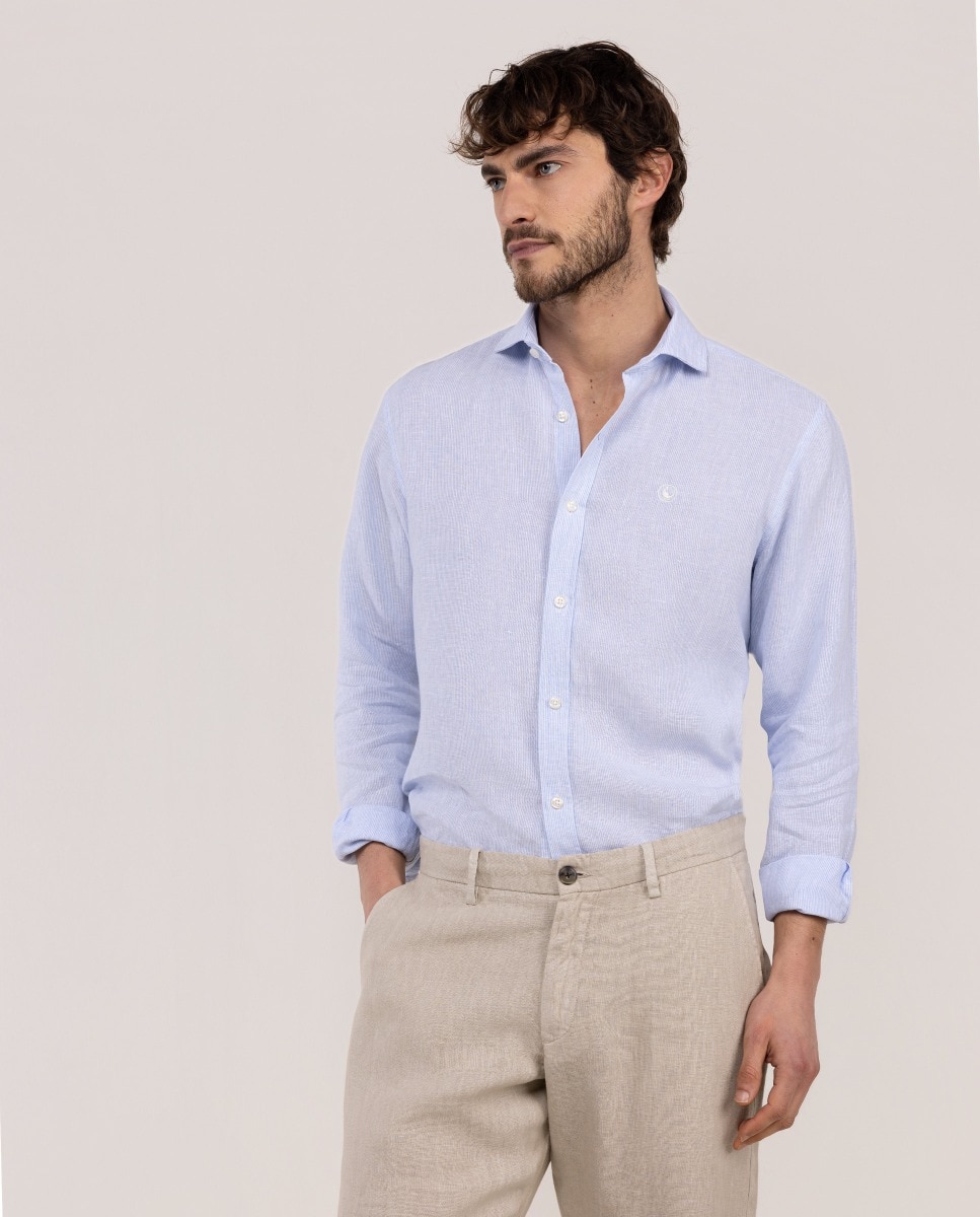 Imagen 0 de Camisa de hombre de lino mil rayas Azul celeste
