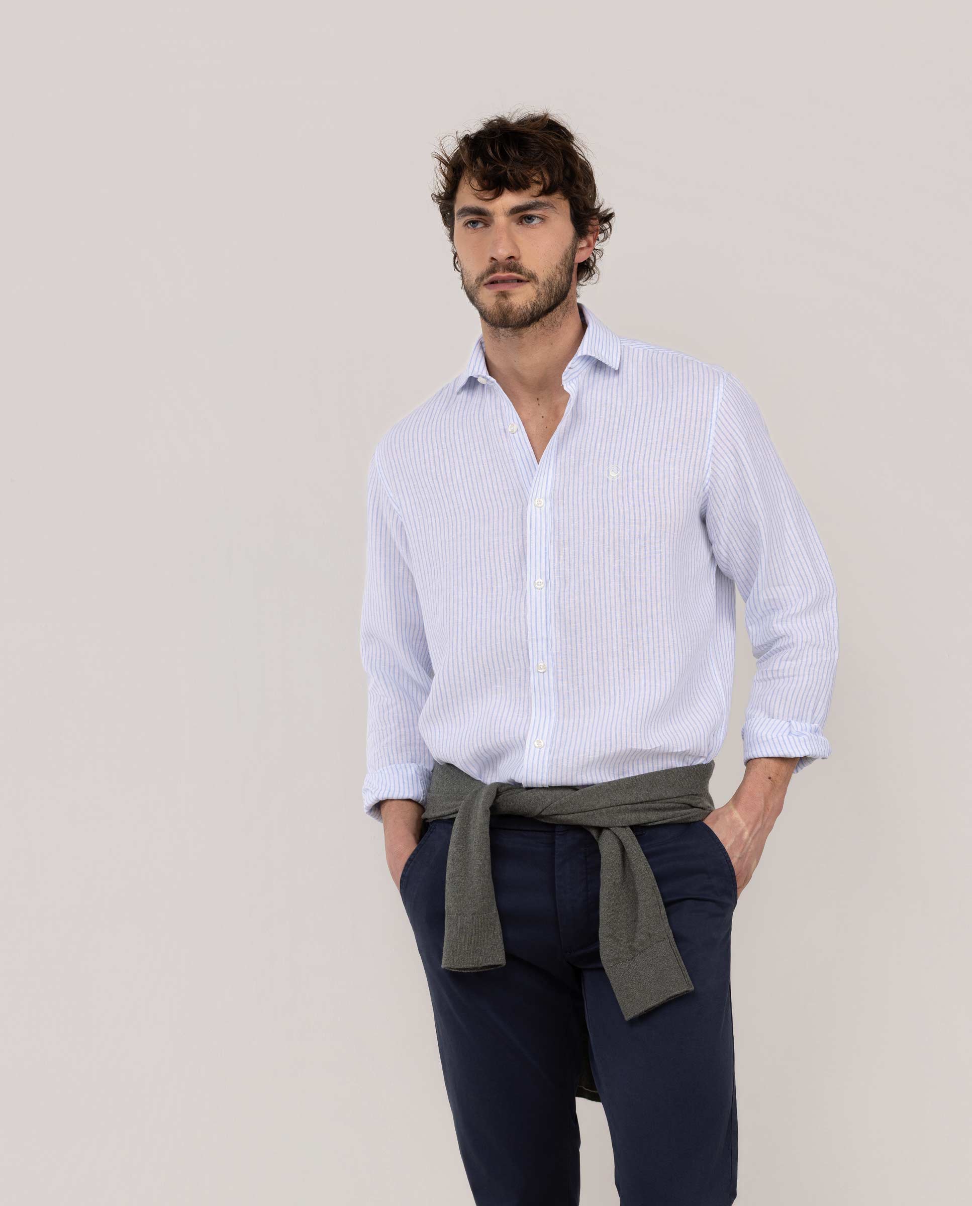 Imagen 0 de Camisa de hombre de lino rayas bengal Blanco