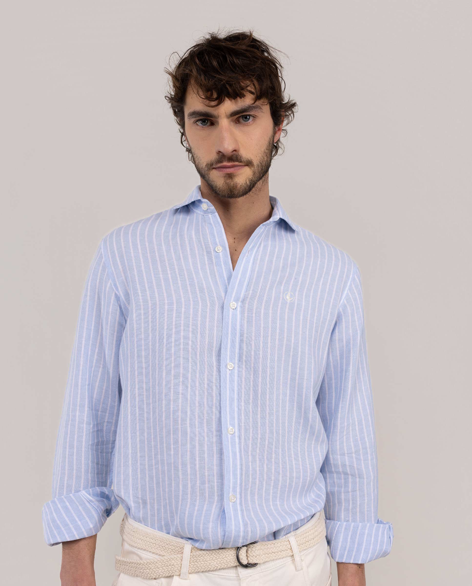 Imagen 0 de Camisa de hombre de lino de rayas butcher Azul celeste
