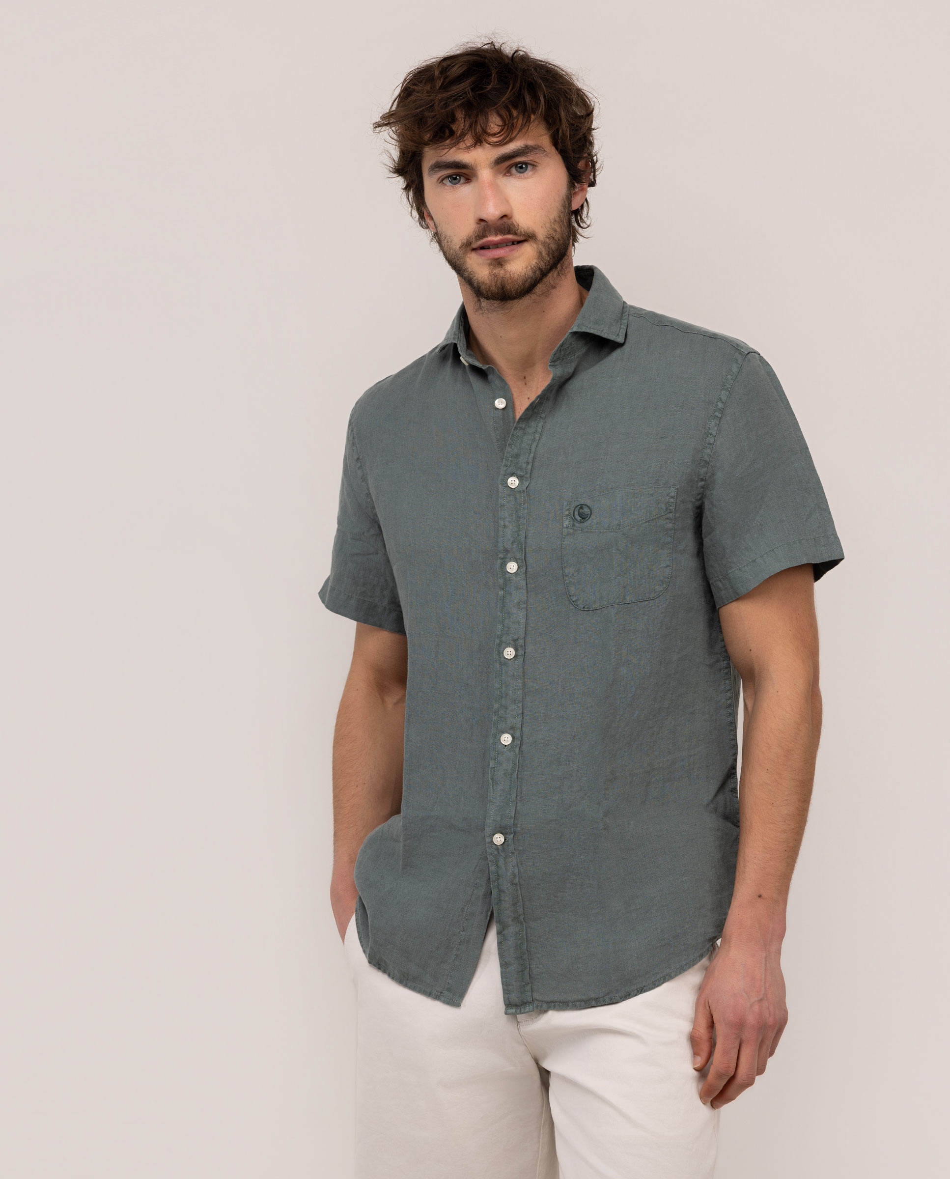 Camisa de lino de hombre de manga corta - El Ganso - Verde Verde-1