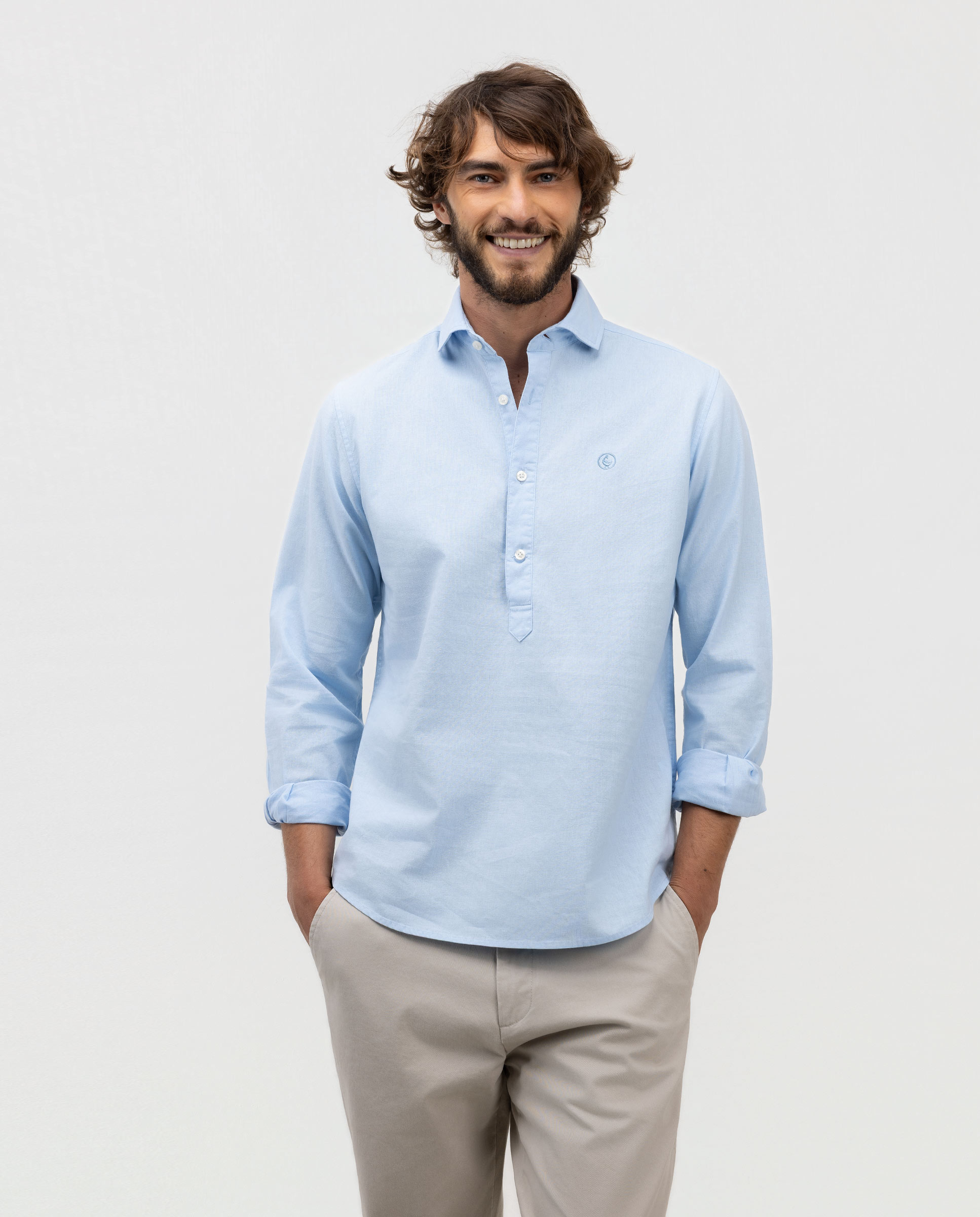 Camisa de hombre polera de algodón y lino - El Ganso - Azul celeste Azul celeste-1