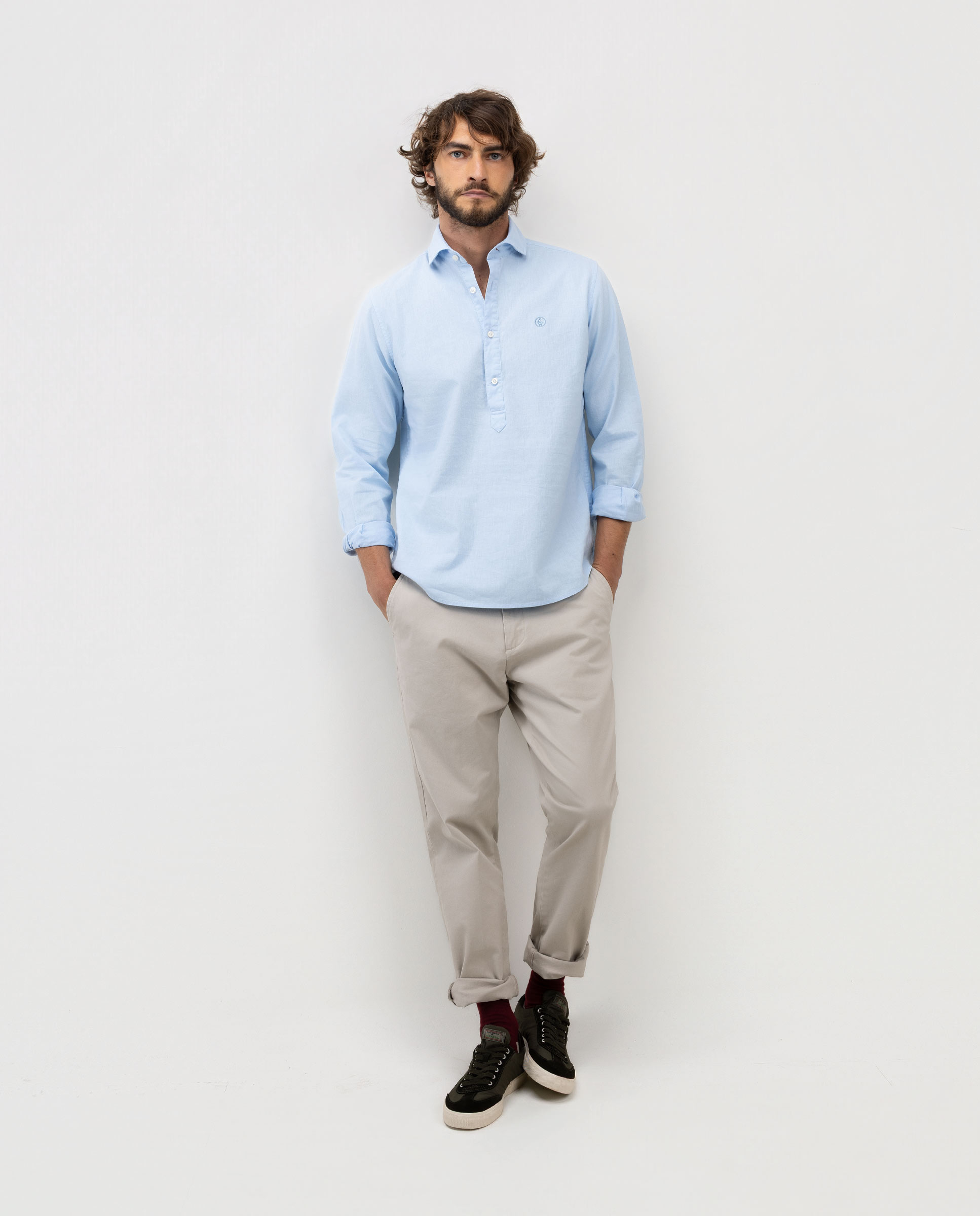 Camisa de hombre polera de algodón y lino - El Ganso - Azul celeste Azul celeste-2