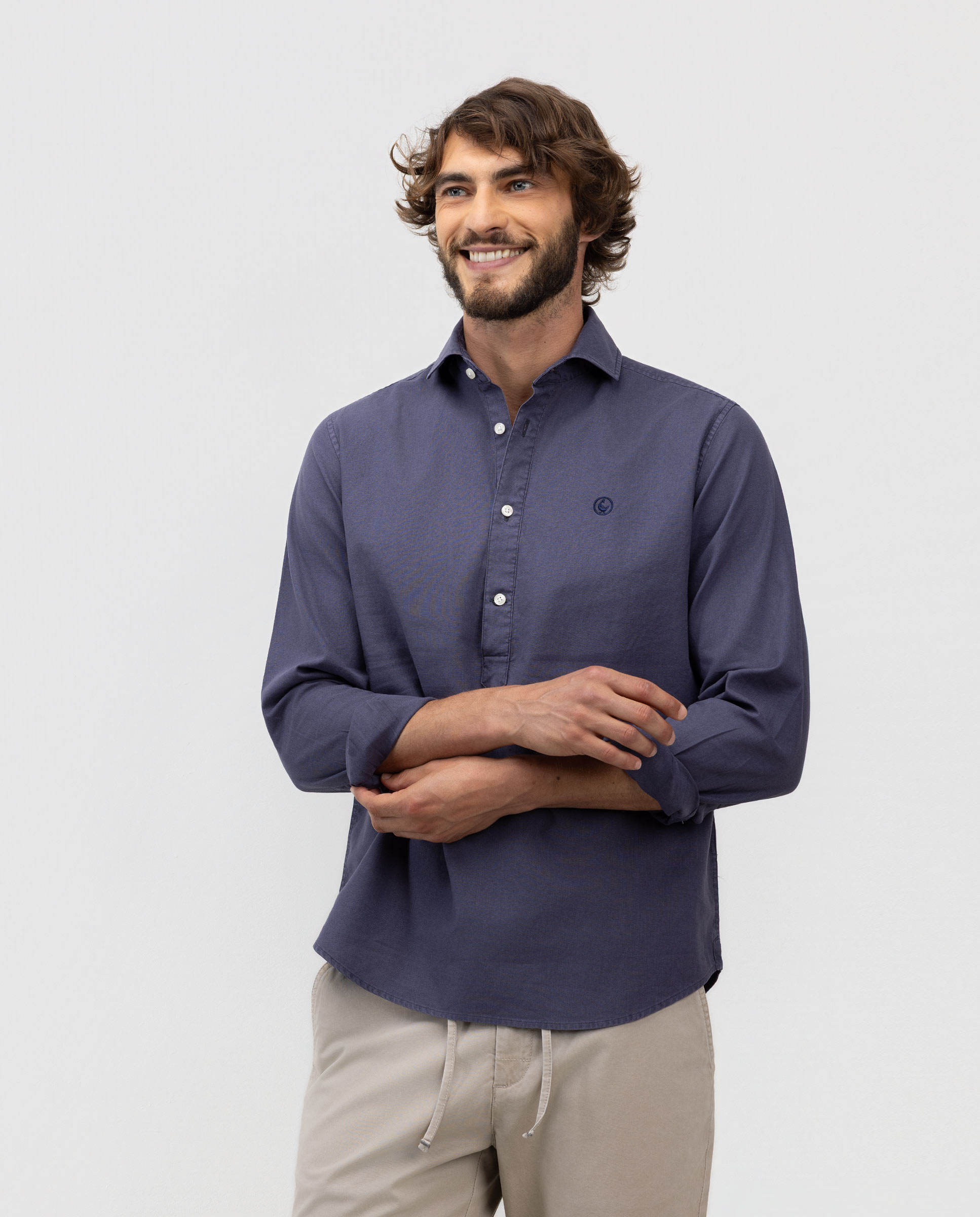 Camisa de hombre polera de algodón y lino - El Ganso - Azul marino Azul marino-1