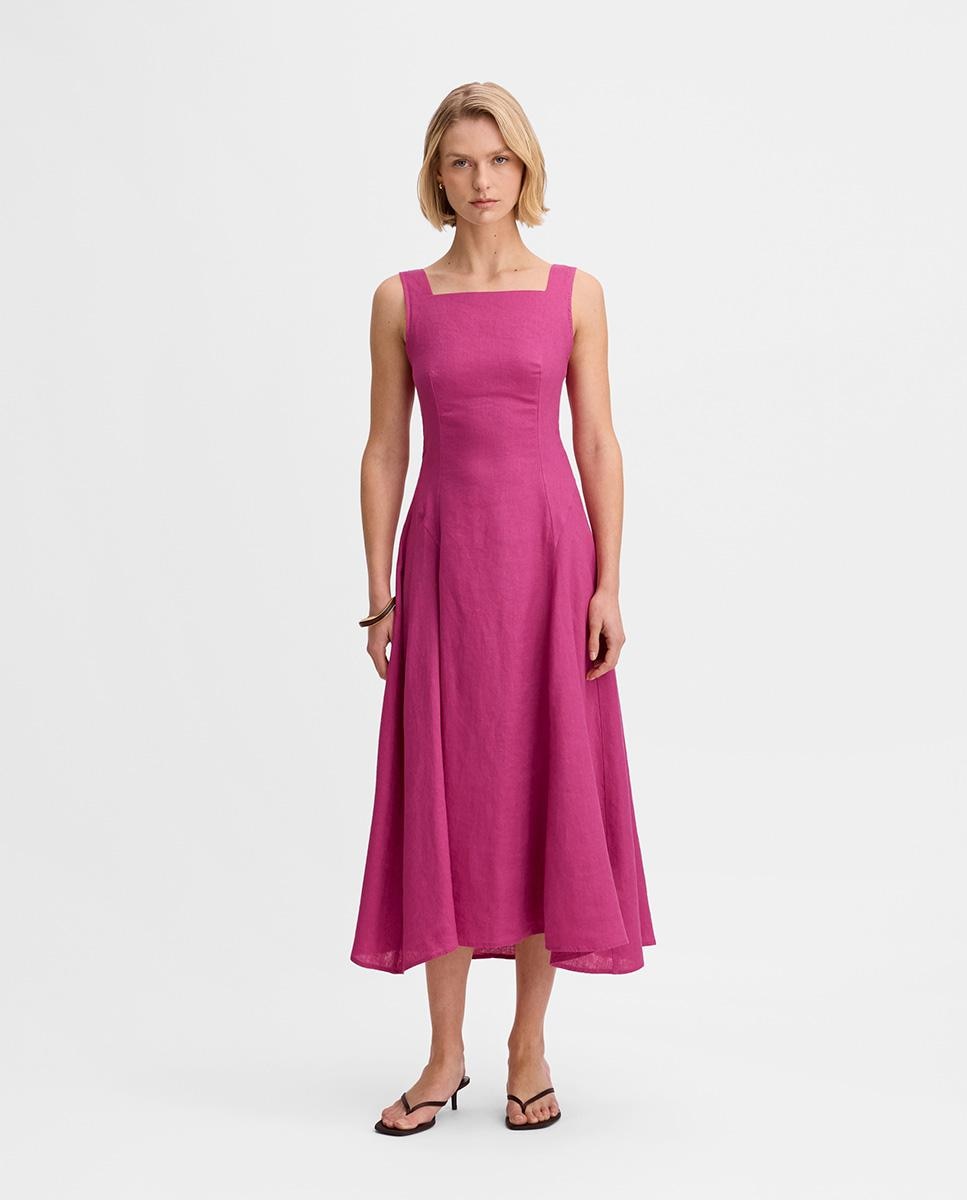 Imagen 0 de Vestido midi lino y escote cuadrado Fucsia