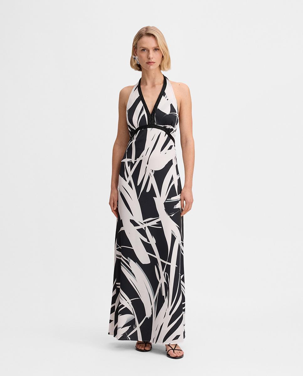 Imagen 0 de Vestido largo con lazada al cuello estampado Crudo