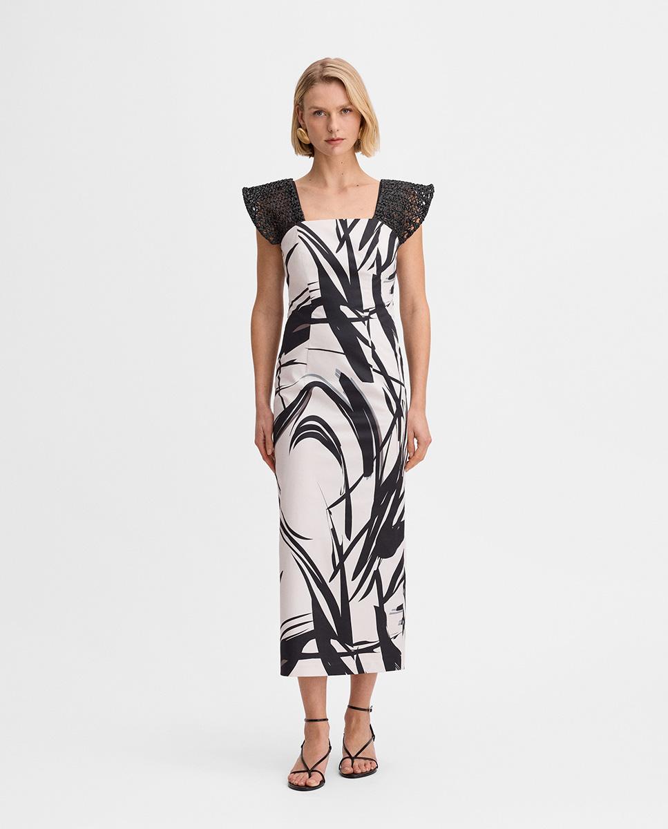 Simorra - Vestido midi estampado con hombros de rafia.