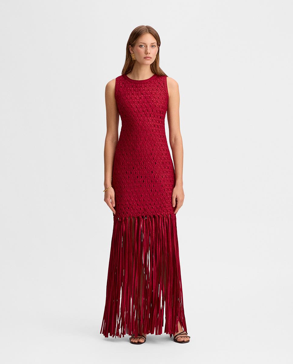 Simorra - Vestido midi de tafetán con bajo de flecos.