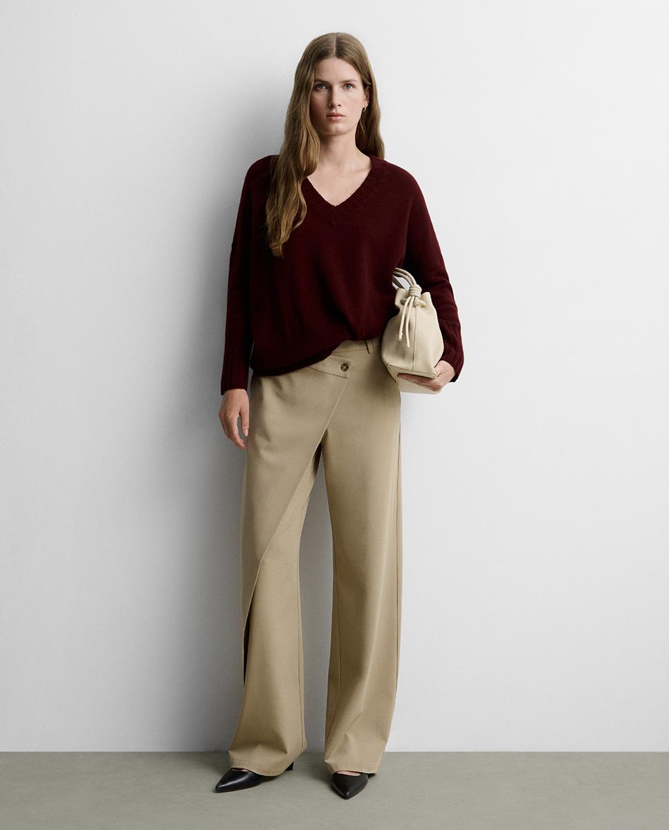 Pantalón de mujer recto efecto cruzado - Simorra - Beige Beige-1
