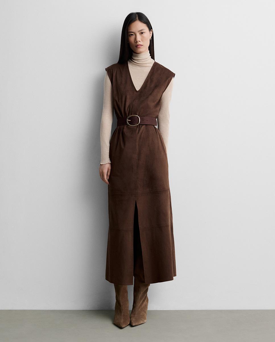 Vestido midi sisado antelina sin mangas de escote pico - Simorra - Marrón Marrón-1