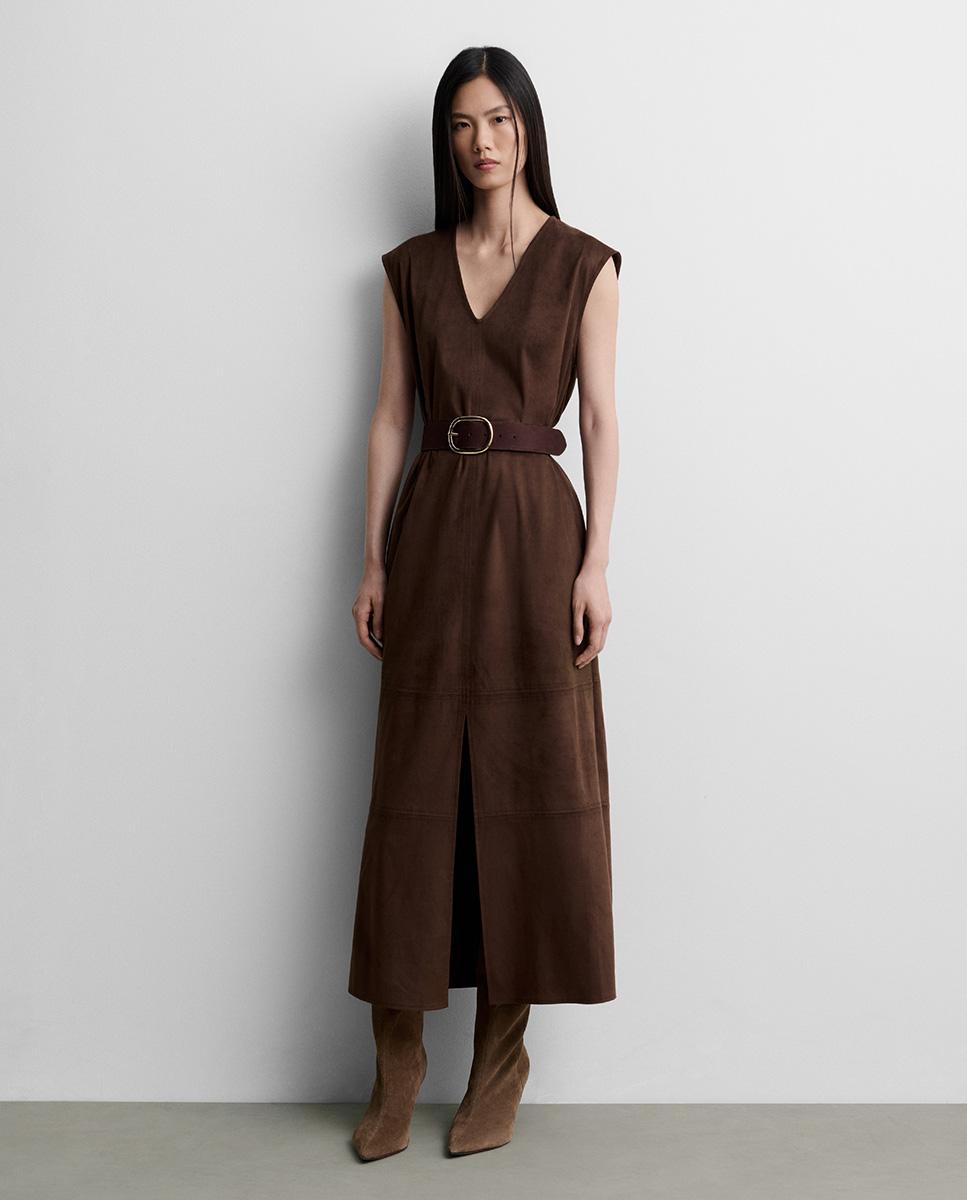 Vestido midi sisado antelina sin mangas de escote pico - Simorra - Marrón Marrón-2