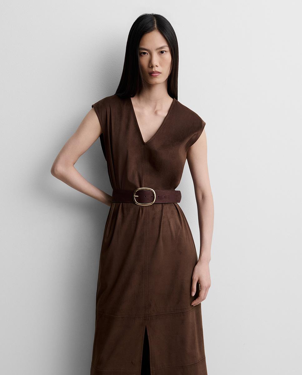 Vestido midi sisado antelina sin mangas de escote pico - Simorra - Marrón Marrón-3