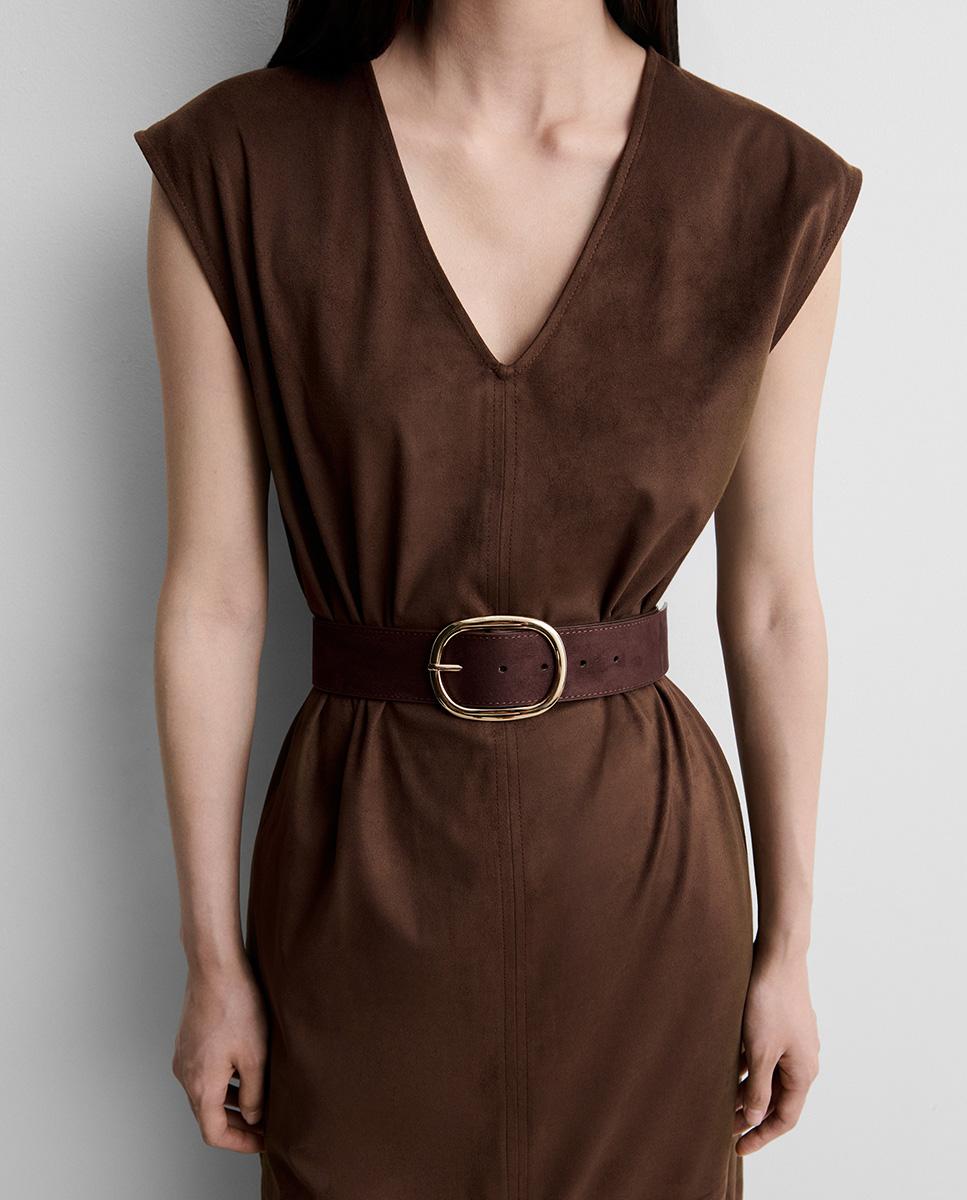 Vestido midi sisado antelina sin mangas de escote pico - Simorra - Marrón Marrón-4