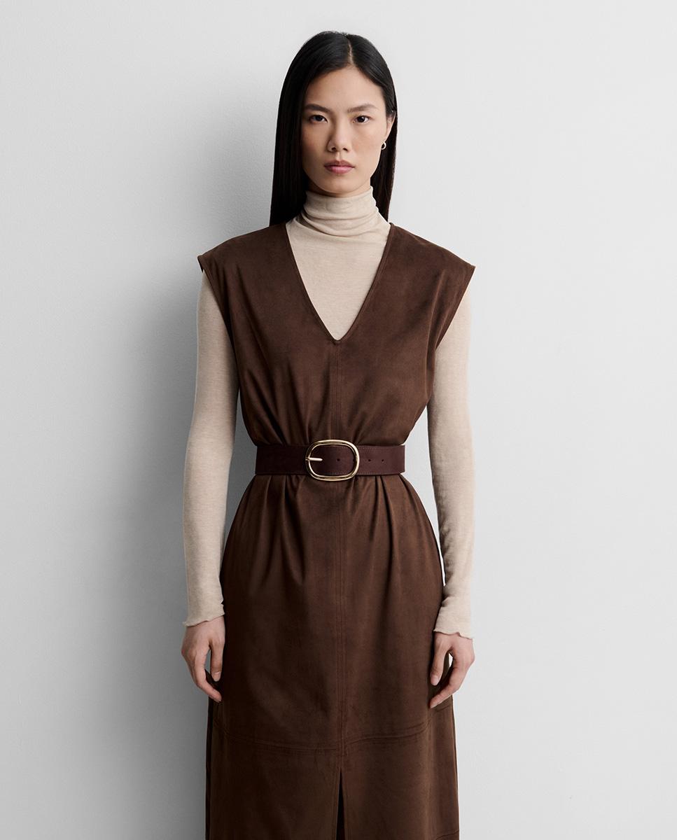 Vestido midi sisado antelina sin mangas de escote pico - Simorra - Marrón Marrón-5
