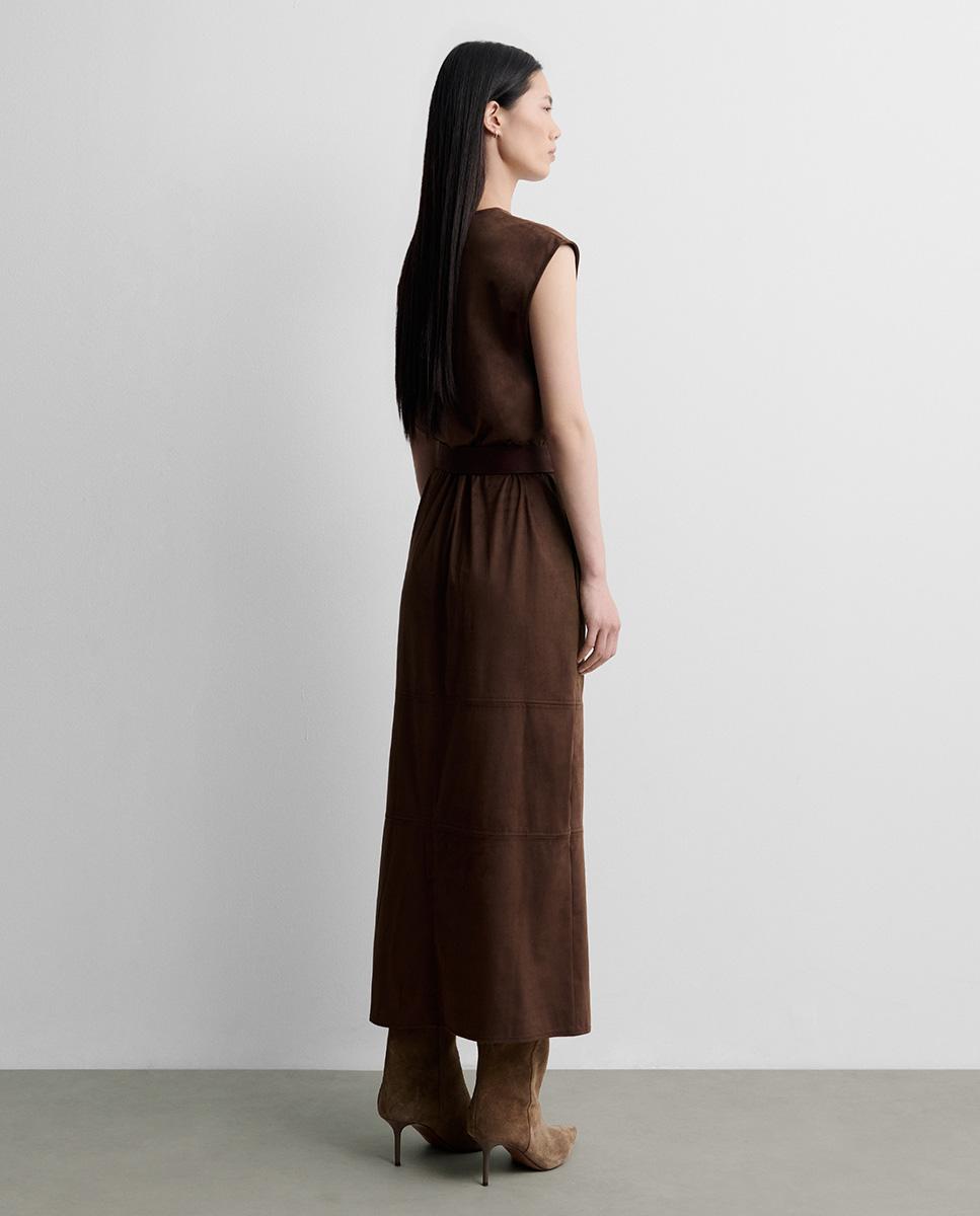 Vestido midi sisado antelina sin mangas de escote pico - Simorra - Marrón Marrón-6