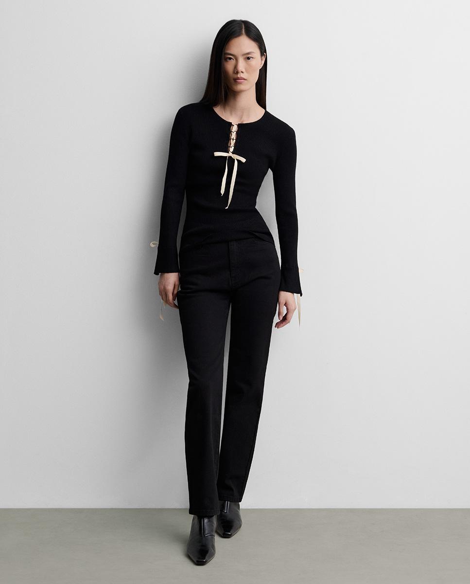 Jersey de mujer canalé bicolor cintas - Simorra - Negro Negro-1