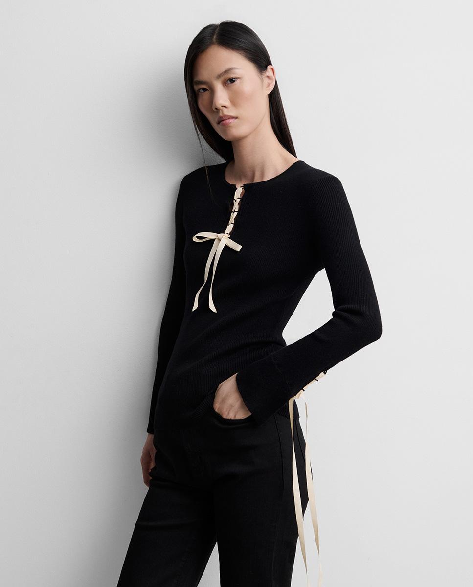 Jersey de mujer canalé bicolor cintas - Simorra - Negro Negro-2