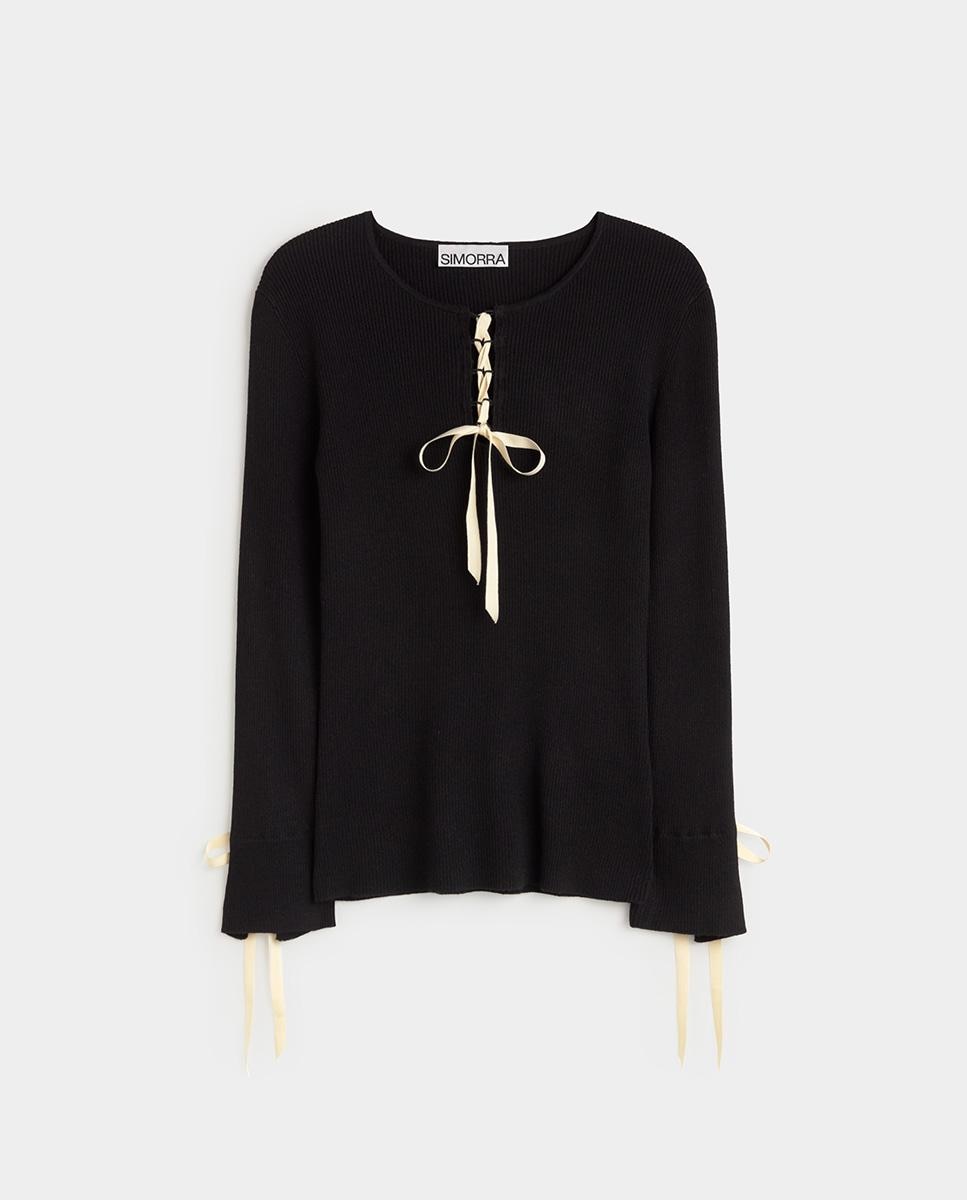 Jersey de mujer canalé bicolor cintas - Simorra - Negro Negro-5