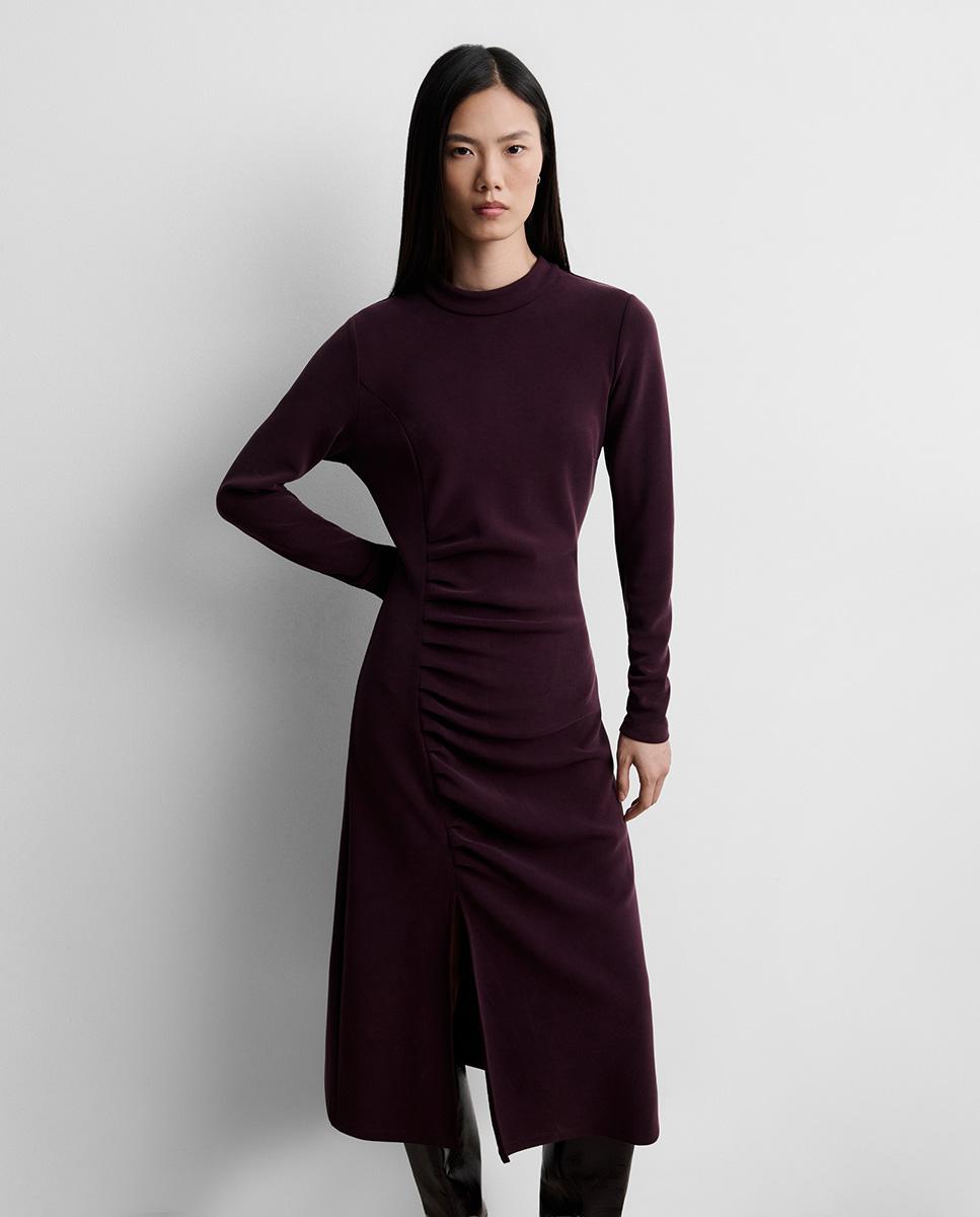 Vestido midi drapeado lateral de manga larga de cuello perkins - Simorra - Granate Granate-2