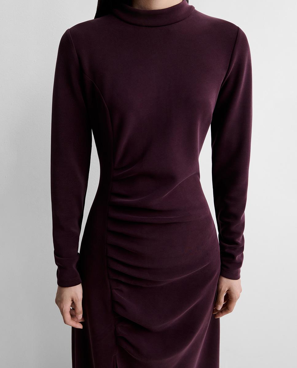 Vestido midi drapeado lateral de manga larga de cuello perkins - Simorra - Granate Granate-3