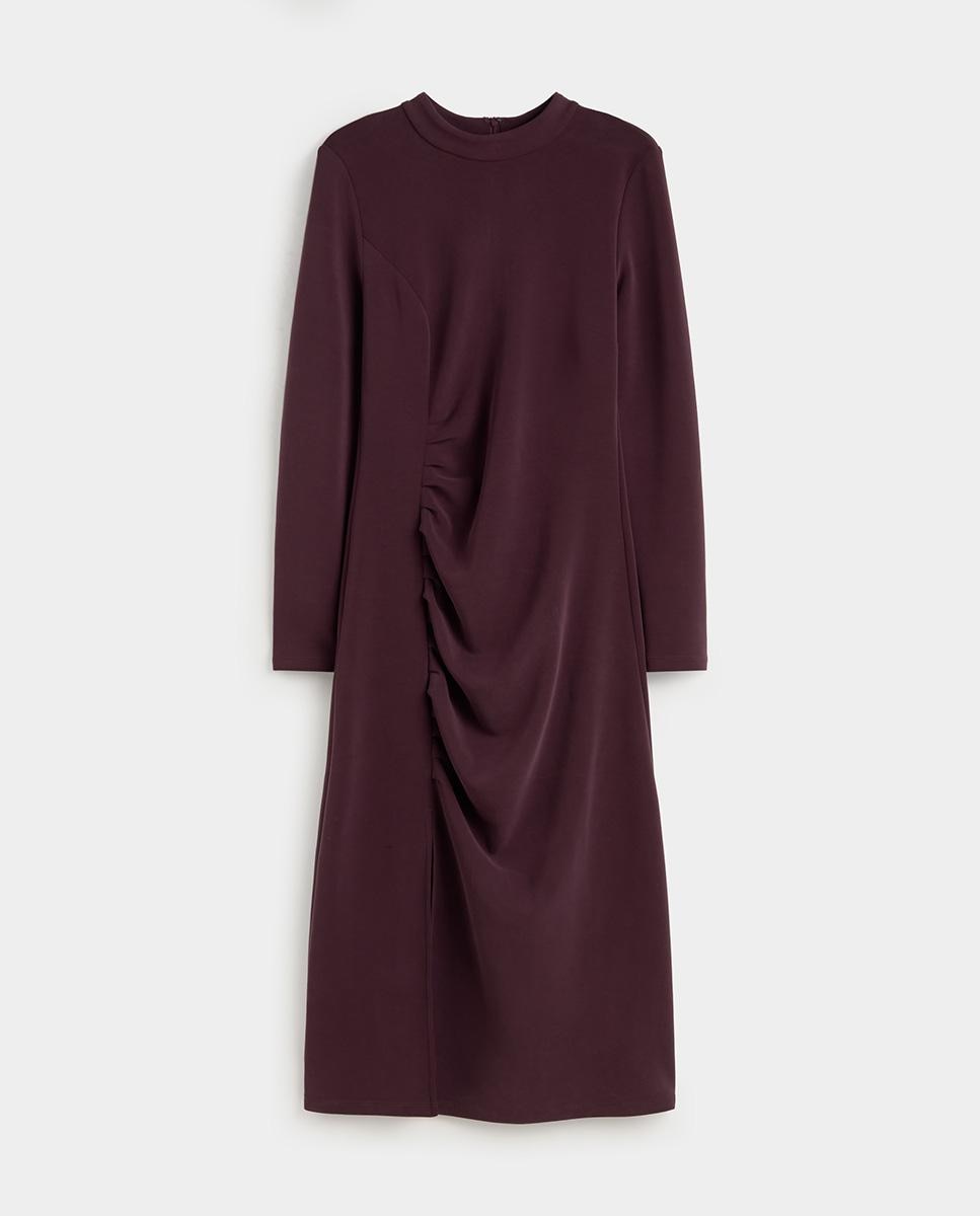 Vestido midi drapeado lateral de manga larga de cuello perkins - Simorra - Granate Granate-5