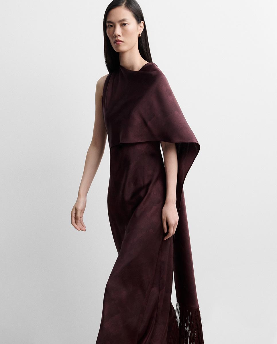 Vestido largo satinado chal sin mangas de cuello caja - Simorra - Burdeos Burdeos-2