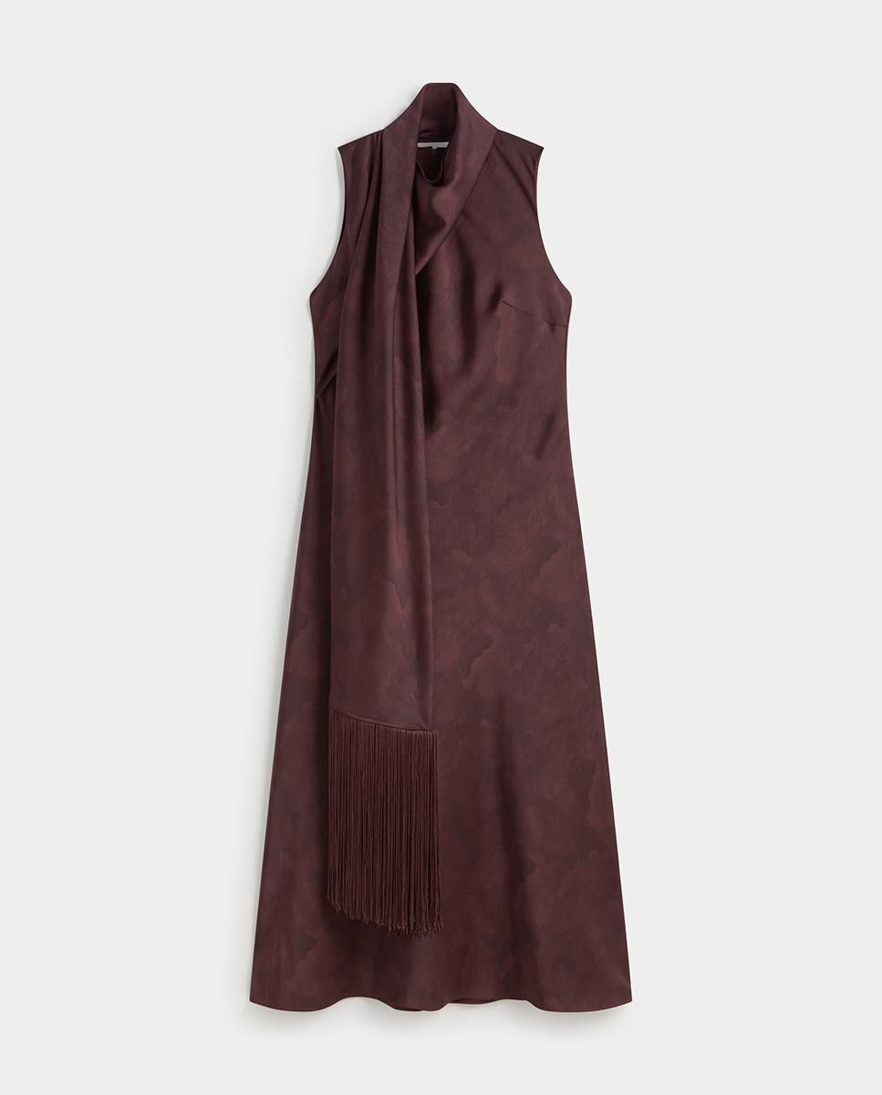 Vestido largo satinado chal sin mangas de cuello caja - Simorra - Burdeos Burdeos-5