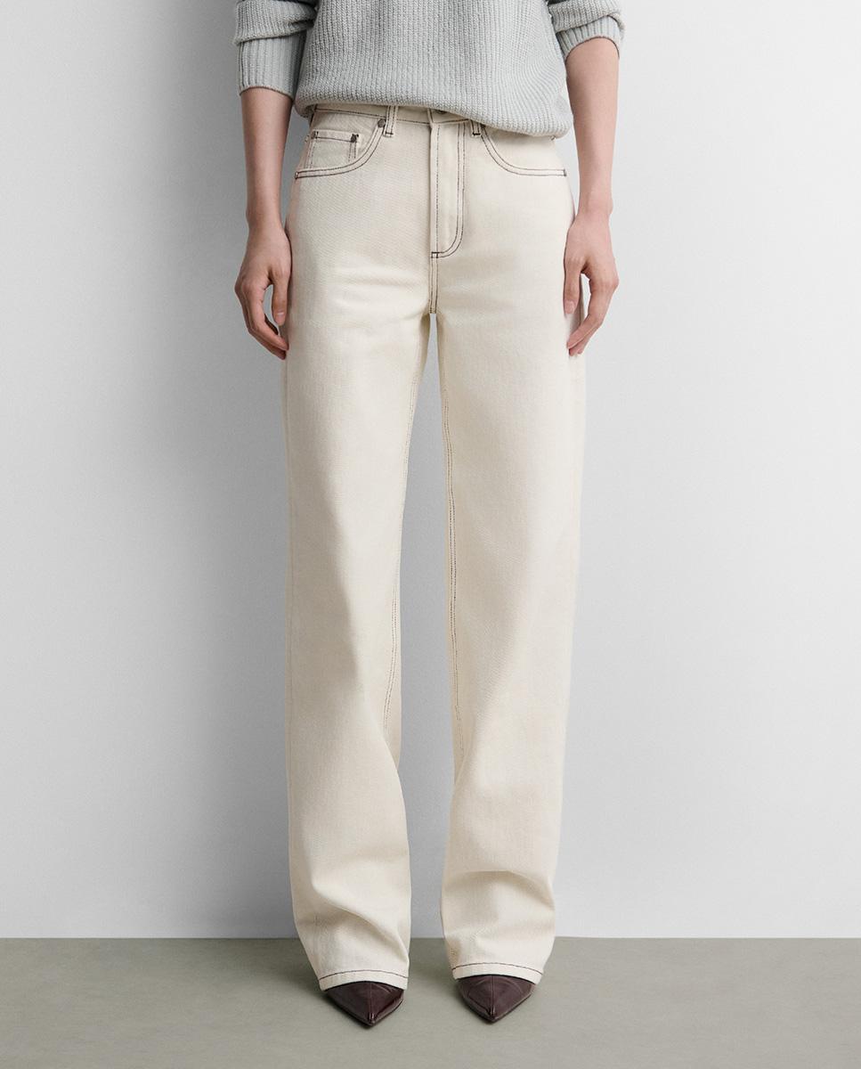 Pantalón de mujer sarga algodón recto - Simorra - Crudo Crudo-2