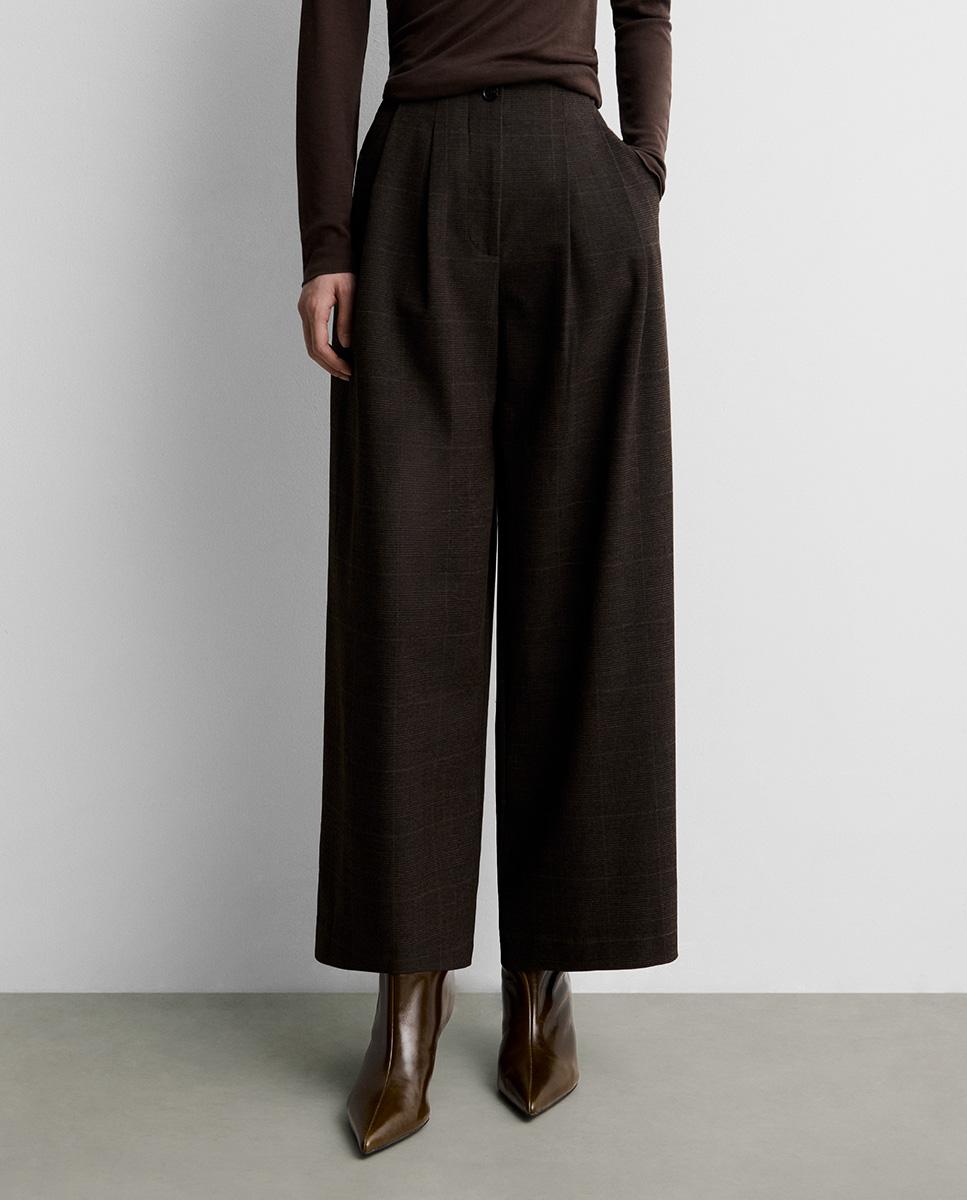 Pantalón de mujer pinzas estampado cuadros - Simorra - Marrón Marrón-2