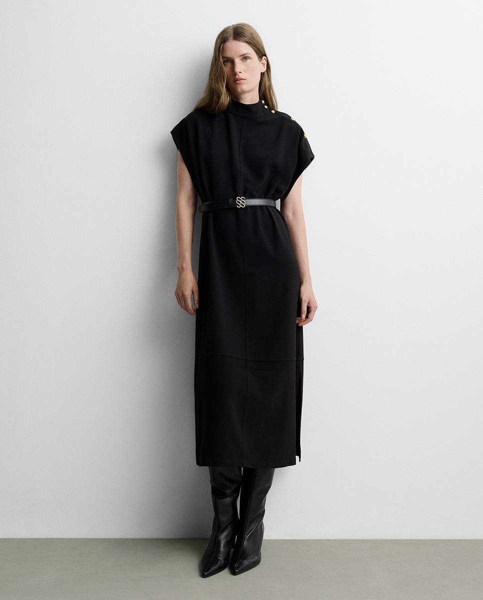 Vestido midi recto de manga corta de cuello perkins - Simorra - Negro Negro-1