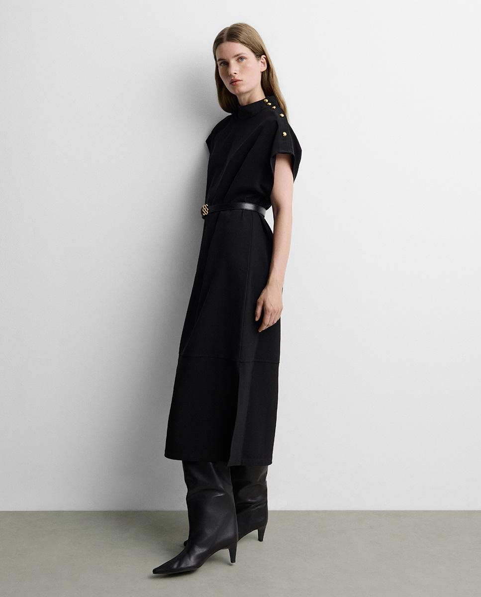 Vestido midi recto de manga corta de cuello perkins - Simorra - Negro Negro-2