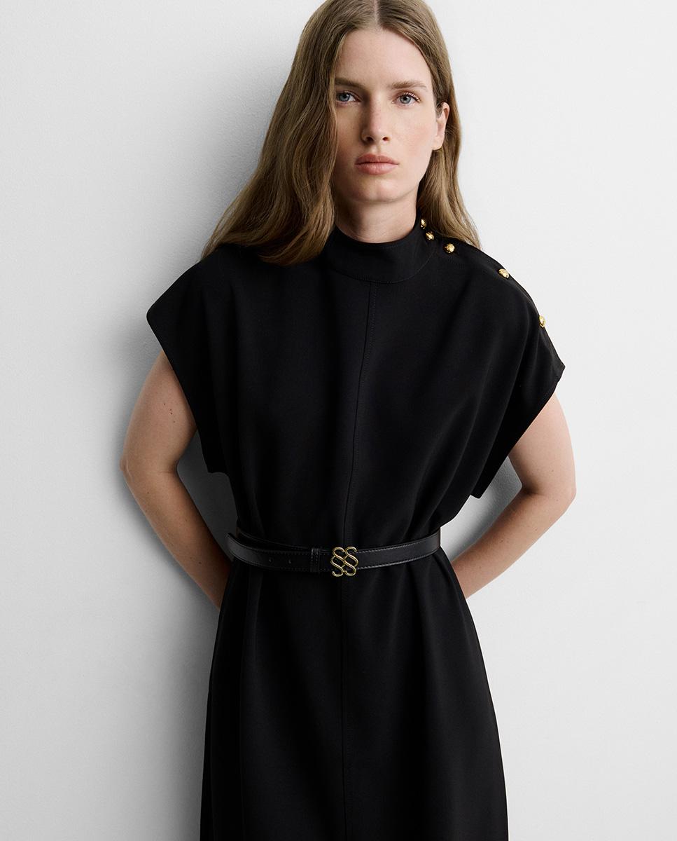 Vestido midi recto de manga corta de cuello perkins - Simorra - Negro Negro-3