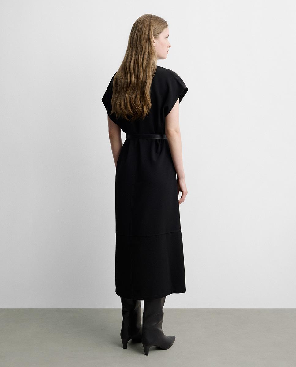 Vestido midi recto de manga corta de cuello perkins - Simorra - Negro Negro-5